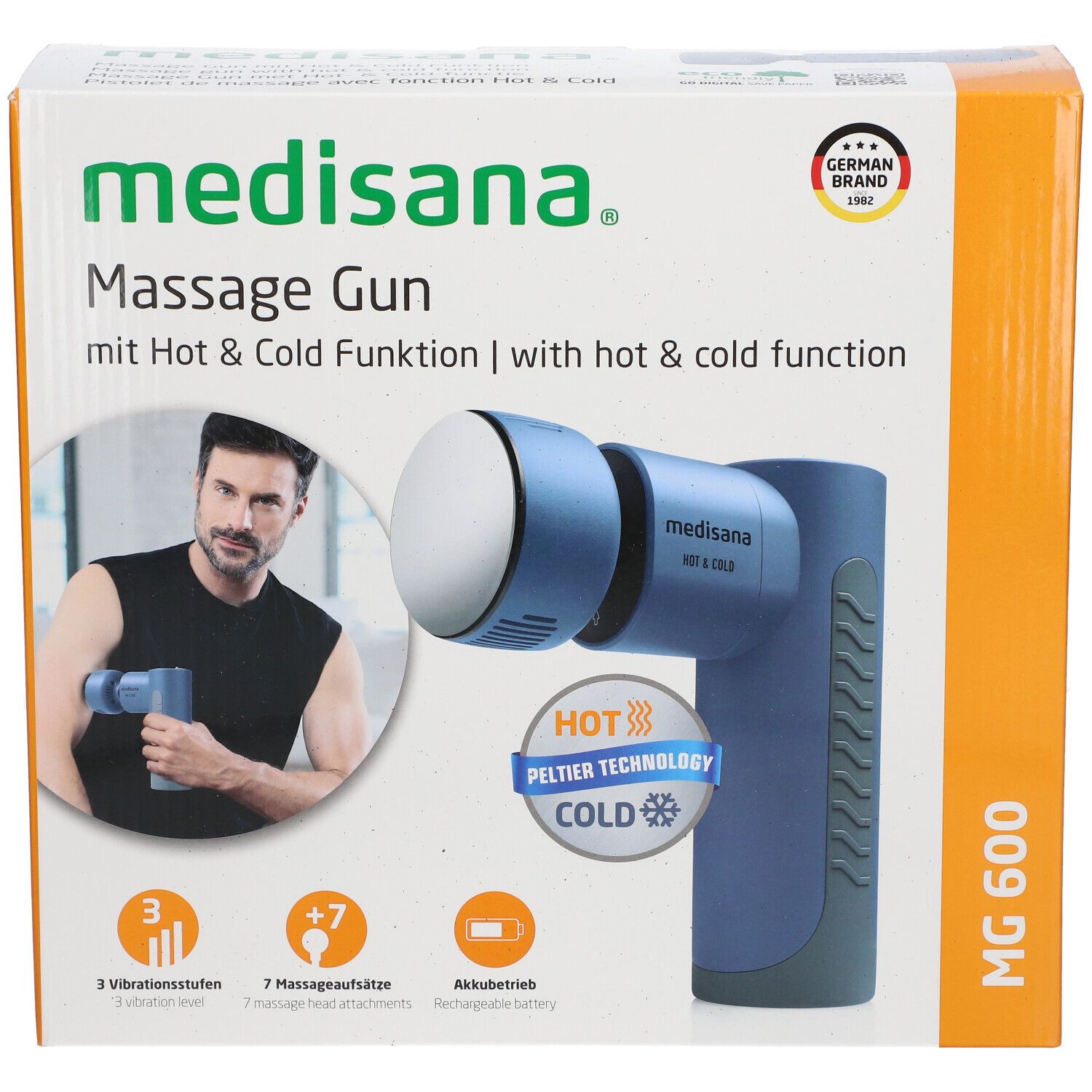 Confezione pistola massaggiante. Dispositivo blu con testa bianca. Testo: medisana, Massage Gun, funzione caldo e freddo.