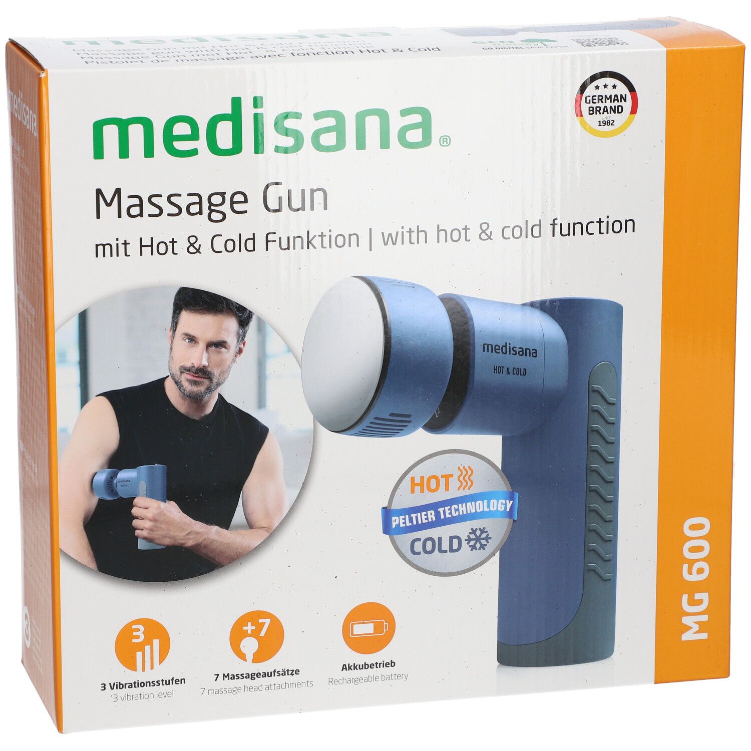 Confezione pistola massaggiante. Dispositivo blu con testa bianca. Testo: medisana, Massage Gun, funzione caldo e freddo.