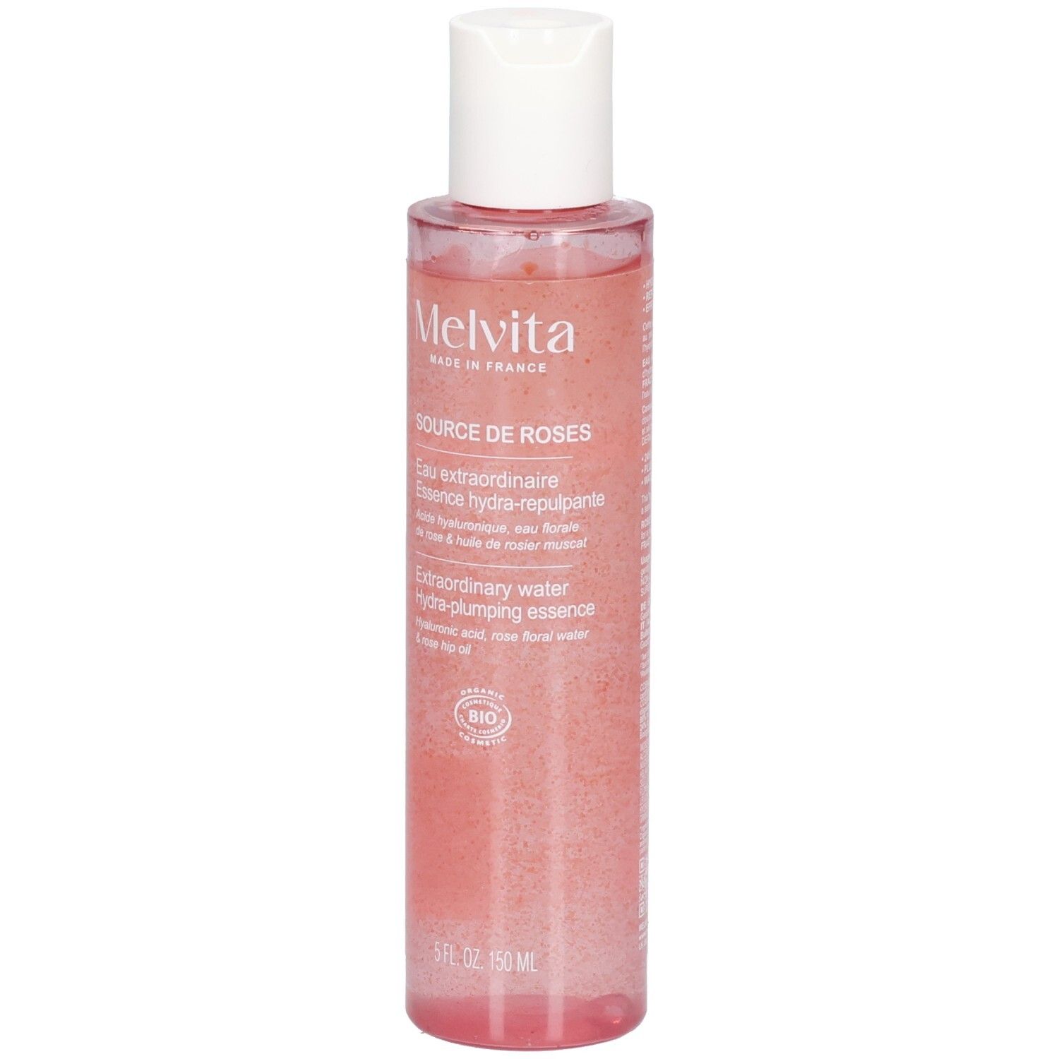 Flacone di essenza di rosa. Logo Melvita e nome del prodotto. Flacone trasparente con liquido rosa e tappo bianco. Certificazione bio.
