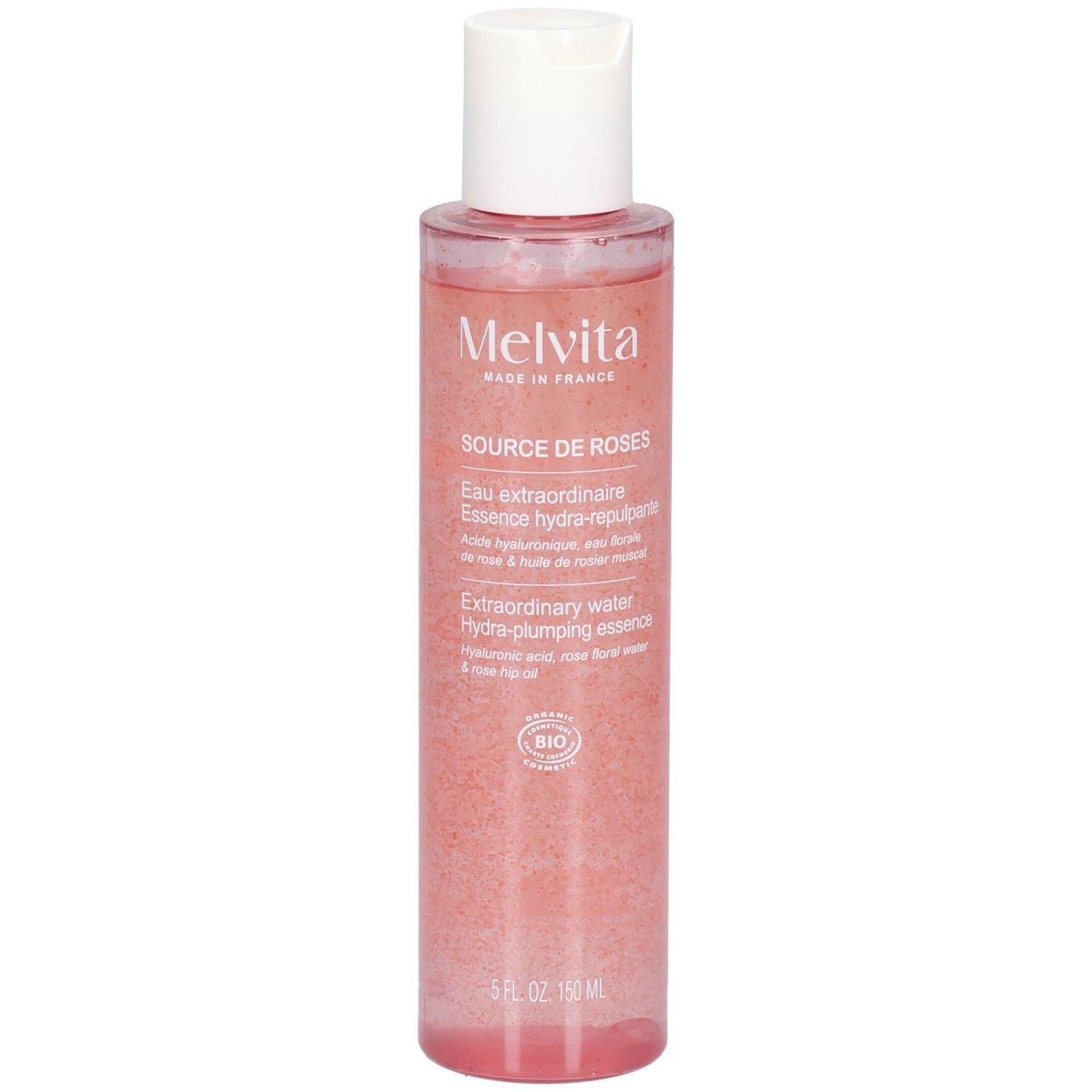 Flacone di essenza di rosa. Logo Melvita e nome del prodotto. Flacone trasparente con liquido rosa e tappo bianco. Certificazione bio.