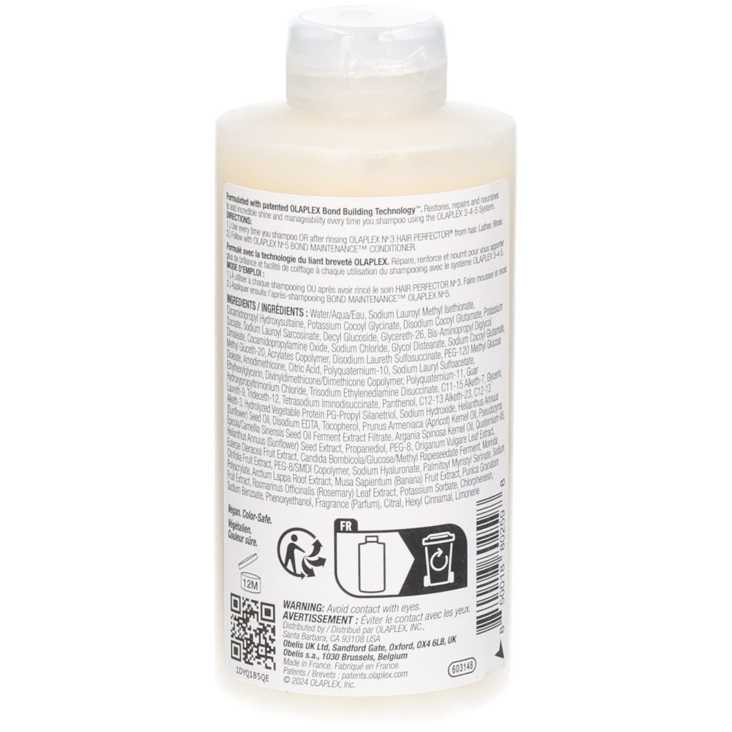 Retro di un flacone di shampoo OLAPLEX No. 4 Bond Maintenance con elenco ingredienti e istruzioni.