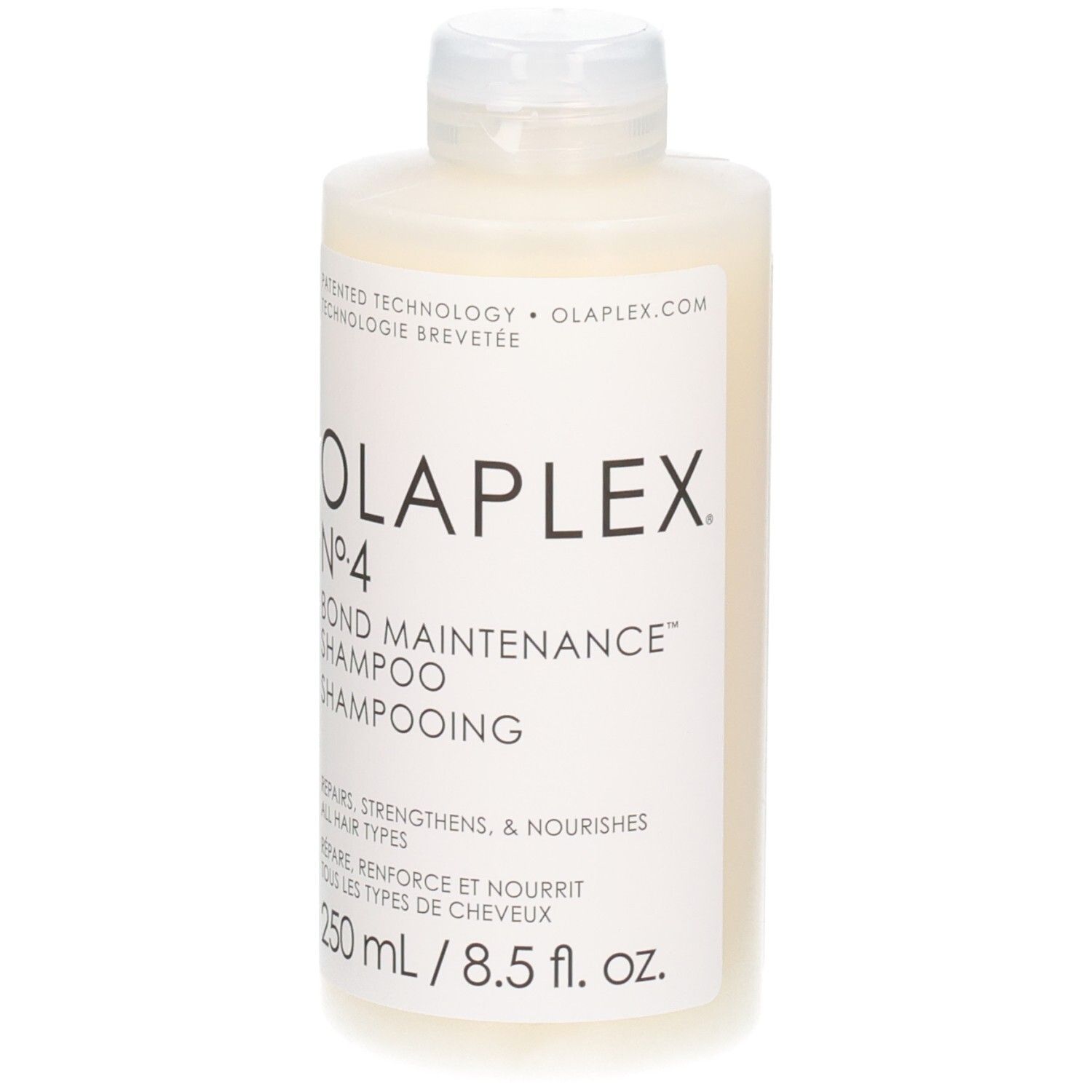 Flacone di shampoo OLAPLEX No. 4 Bond Maintenance, 250 ml. Flacone bianco con tappo a scatto bianco ed etichetta nera.