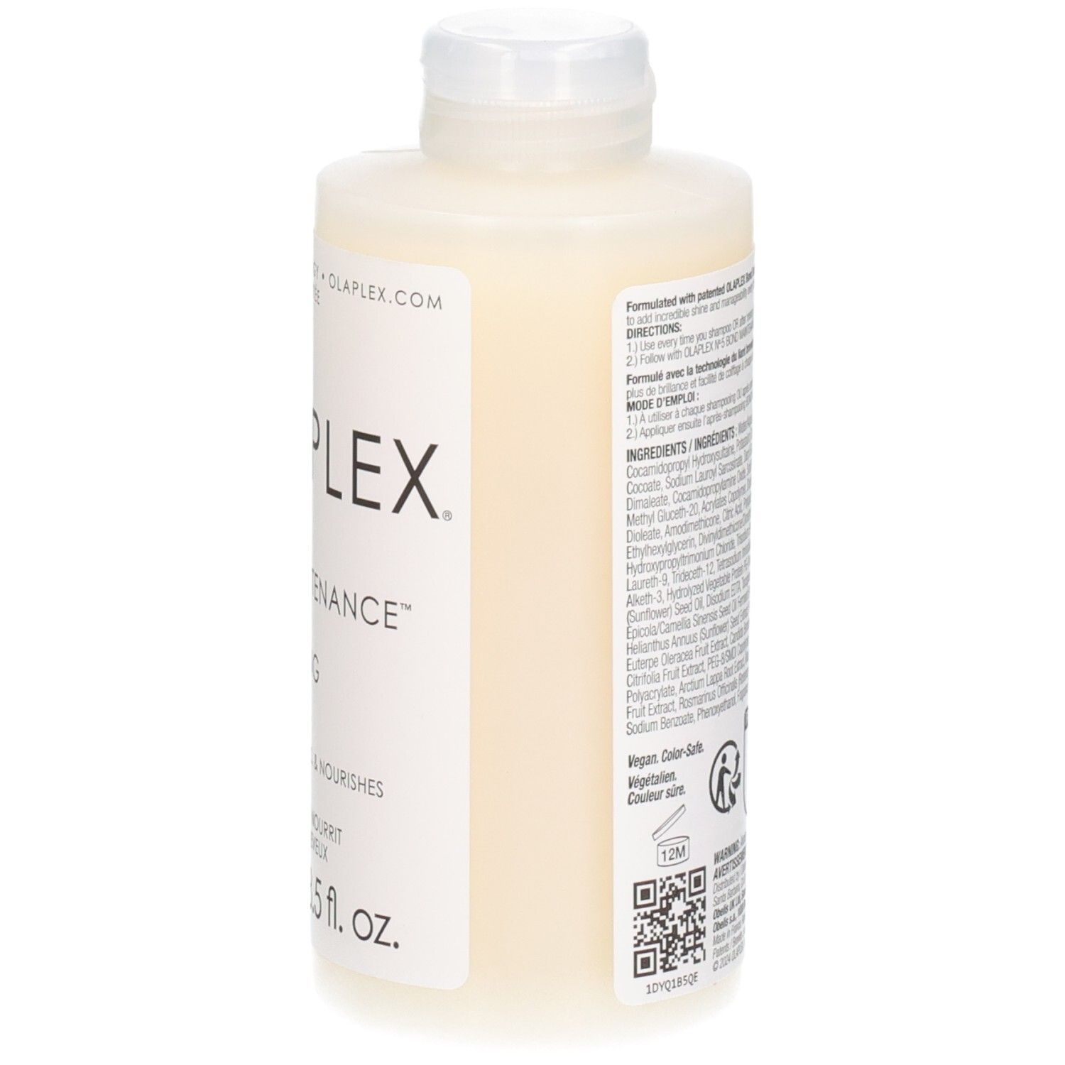 Vista laterale di un flacone di shampoo OLAPLEX No. 4 Bond Maintenance. Flacone bianco con tappo a scatto bianco.