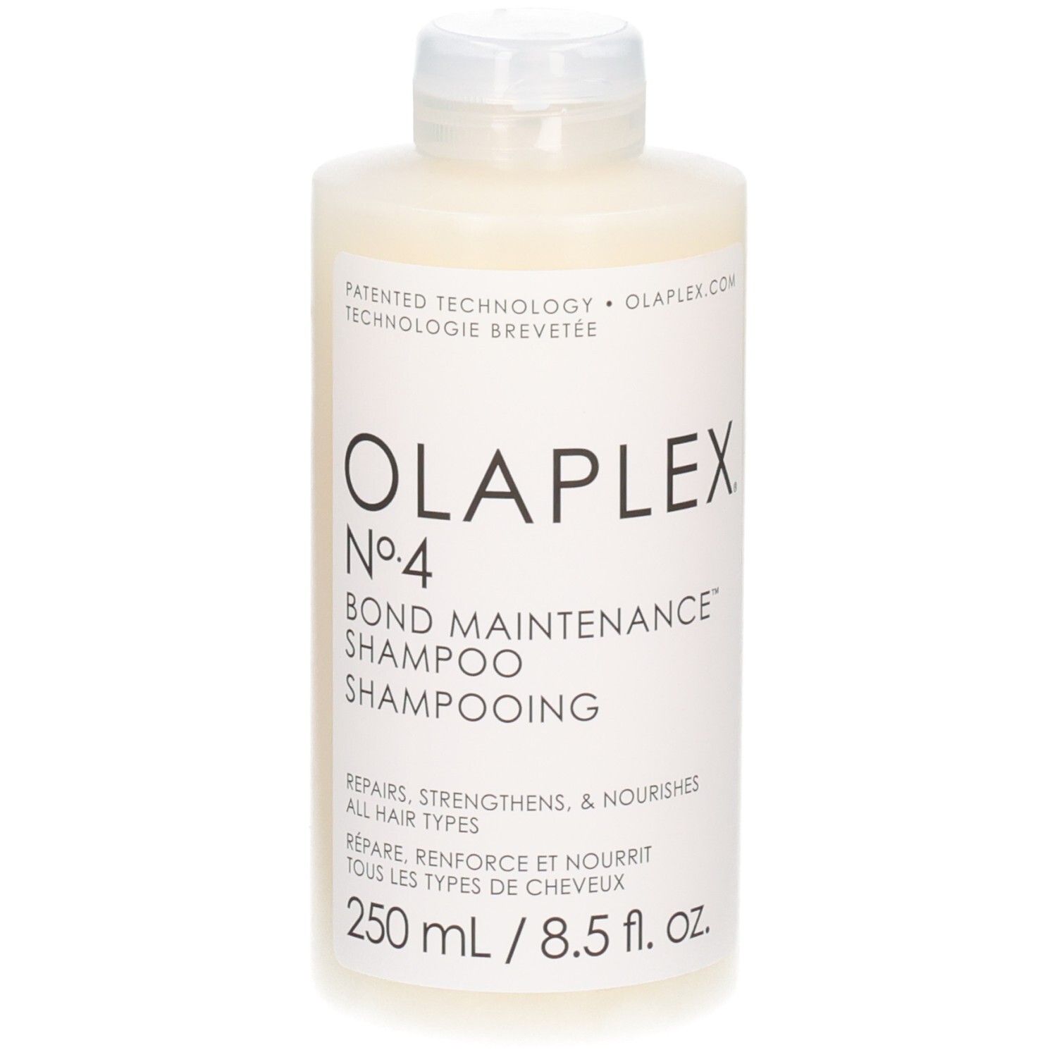 Flacone di shampoo OLAPLEX No. 4 Bond Maintenance, 250 ml. Flacone bianco con tappo a scatto bianco ed etichetta nera.