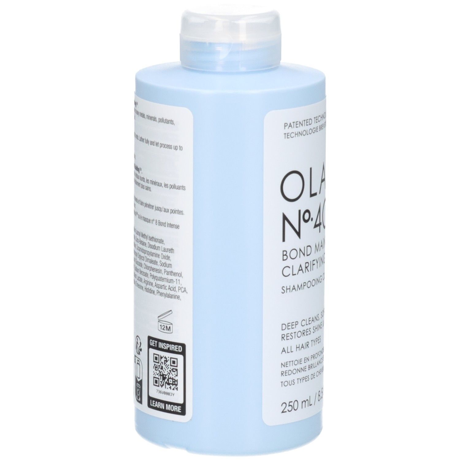 Flacone di shampoo chiarificante Olaplex No. 4C Bond Maintenance, retro con ingredienti.