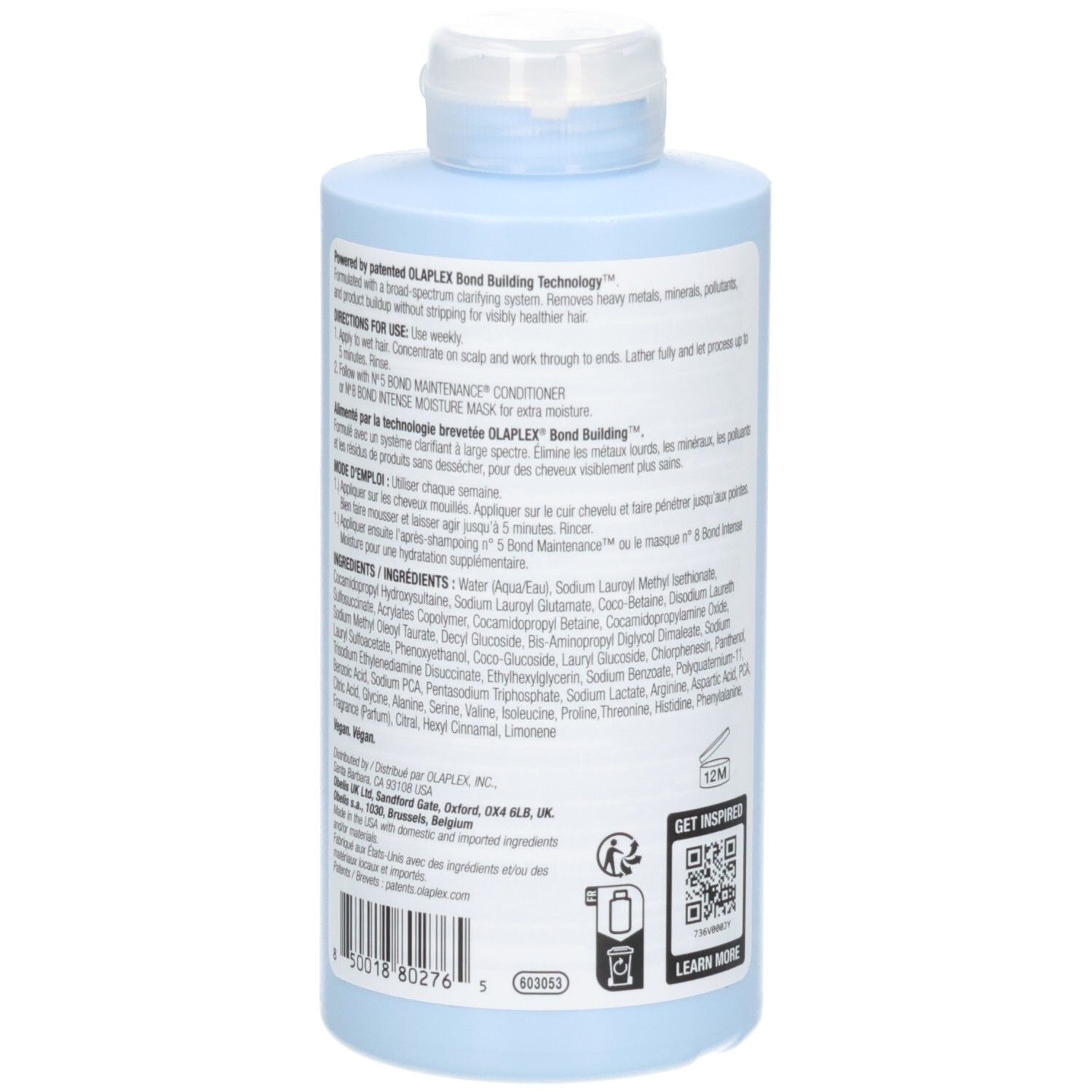 Flacone di shampoo chiarificante Olaplex No. 4C Bond Maintenance, retro con istruzioni.
