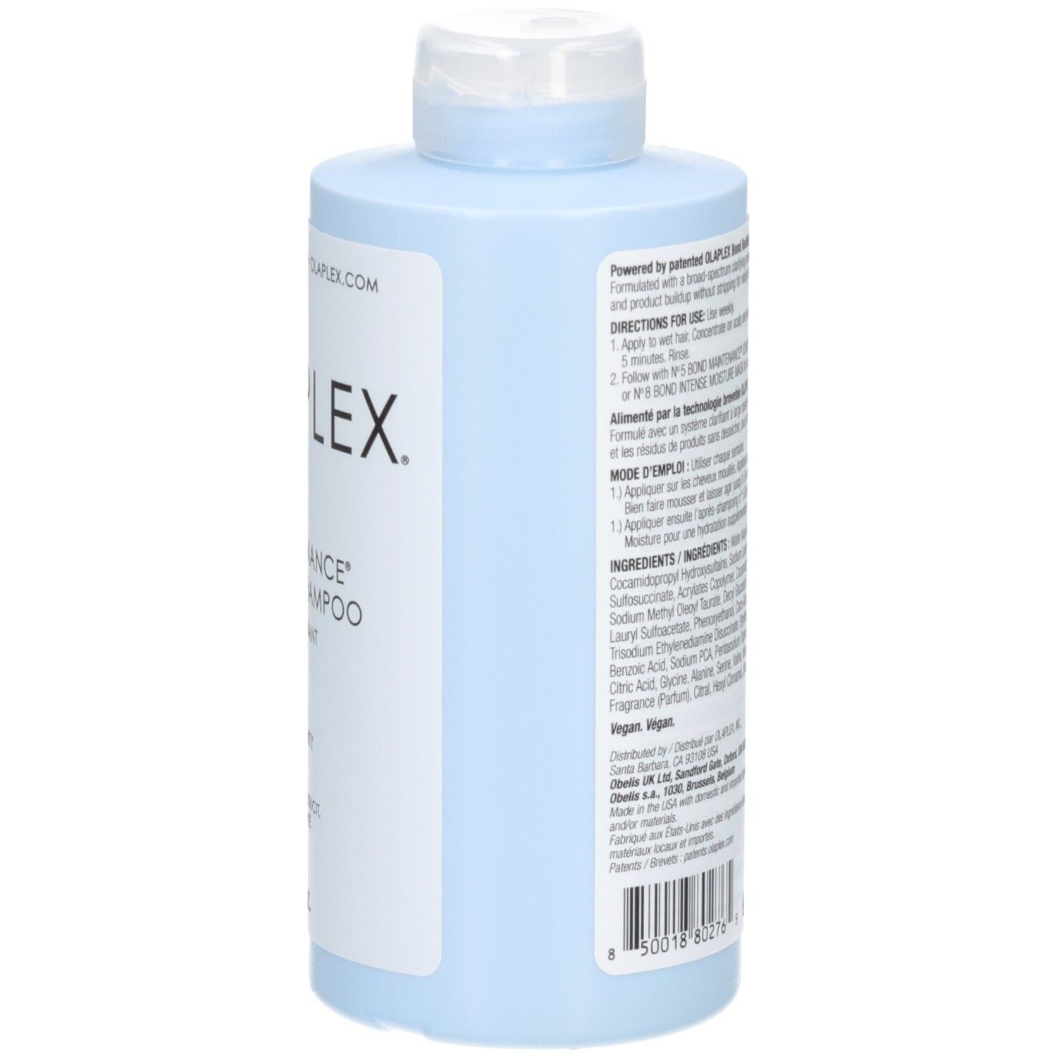 Flacone di shampoo chiarificante Olaplex No. 4C Bond Maintenance, lato con istruzioni.