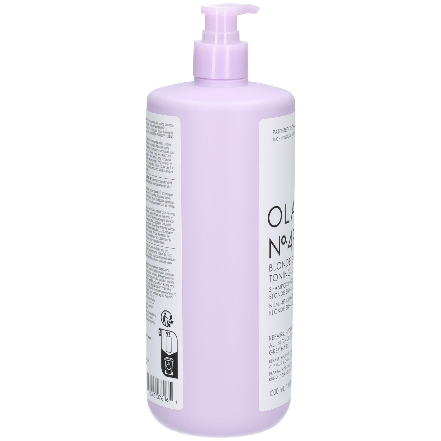 Retro del flacone Olaplex N°4P Blonde Enhancer Toning Shampoo con informazioni sul prodotto, 1000 ml.