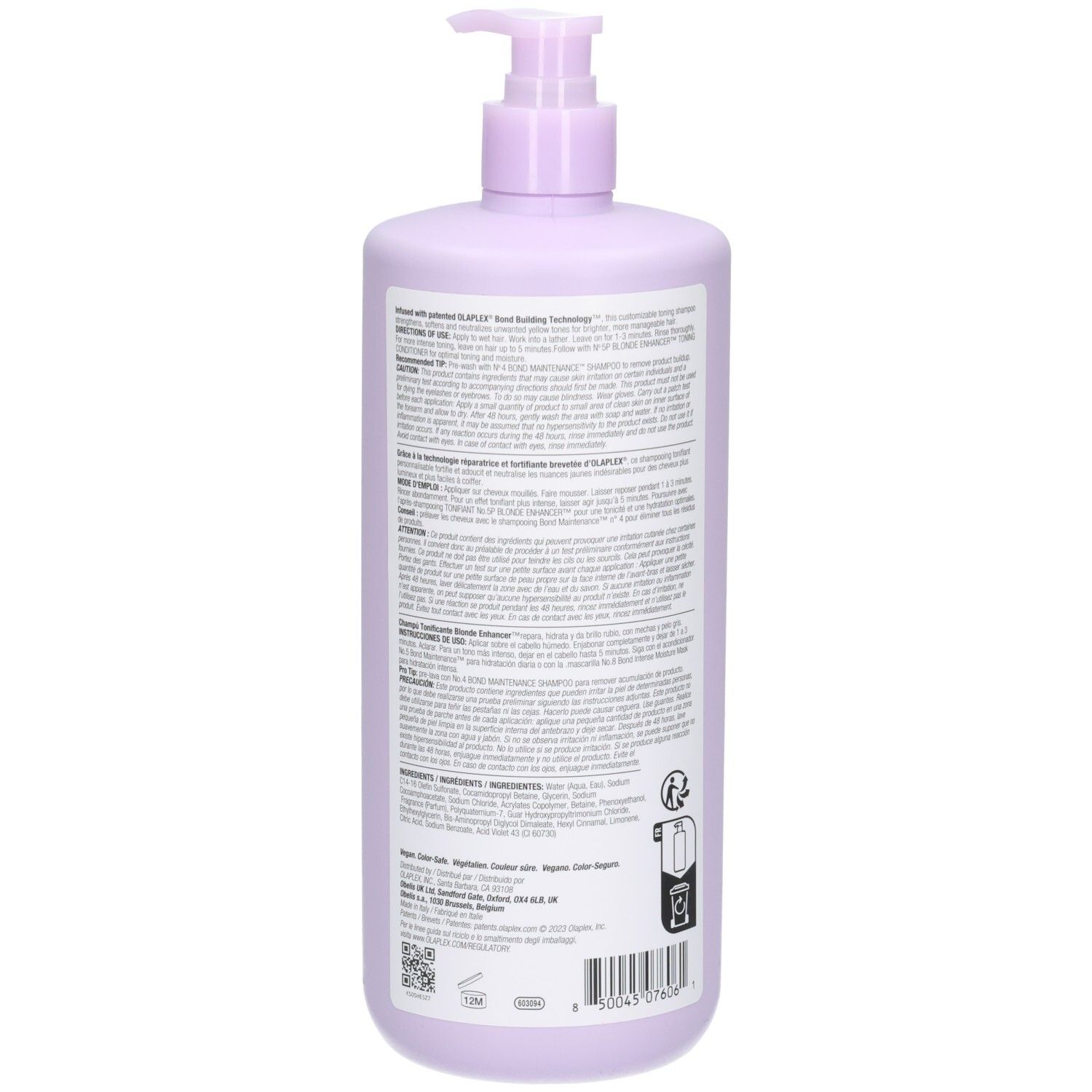 Retro del flacone Olaplex N°4P Blonde Enhancer Toning Shampoo con istruzioni dettagliate e ingredienti, 1000 ml.