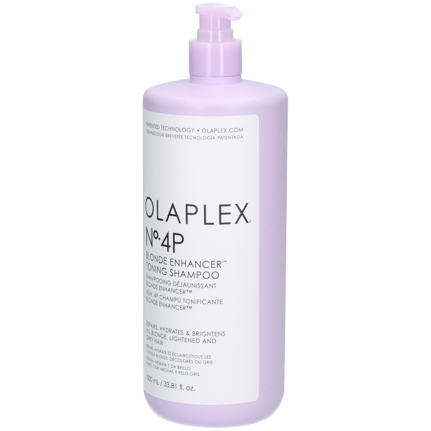 Olaplex N°4P Blonde Enhancer Toning Shampoo in flacone lilla con erogatore, 1000 ml.