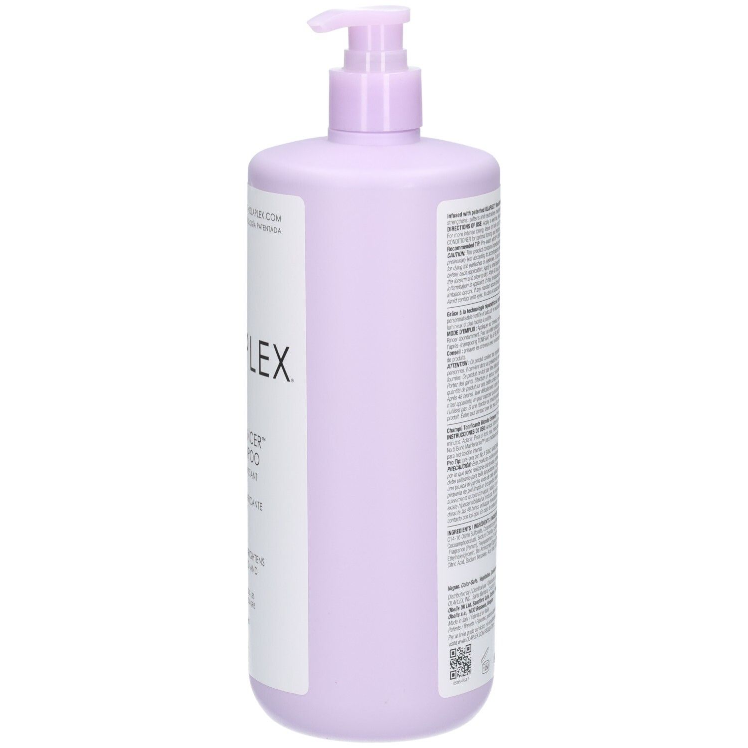 Vista laterale del flacone Olaplex N°4P Blonde Enhancer Toning Shampoo, 1000 ml.