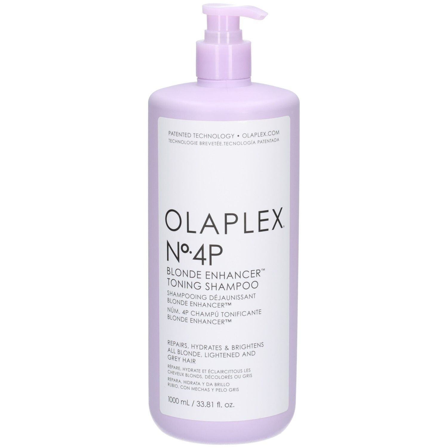 Olaplex N°4P Blonde Enhancer Toning Shampoo in flacone lilla con erogatore, 1000 ml.