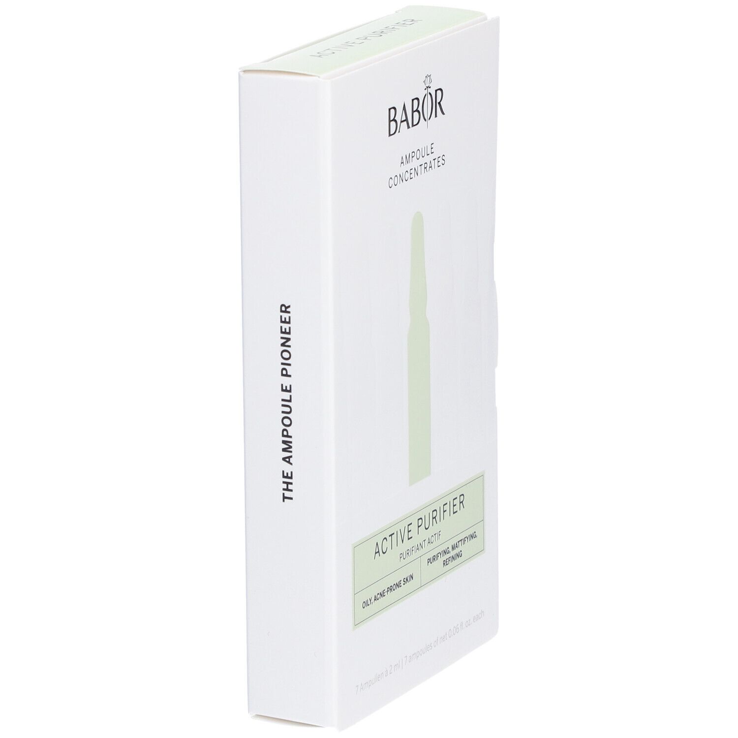 Confezione bianca con logo Babor e nome del prodotto Active Purifier. Contiene l'illustrazione di una fiala.