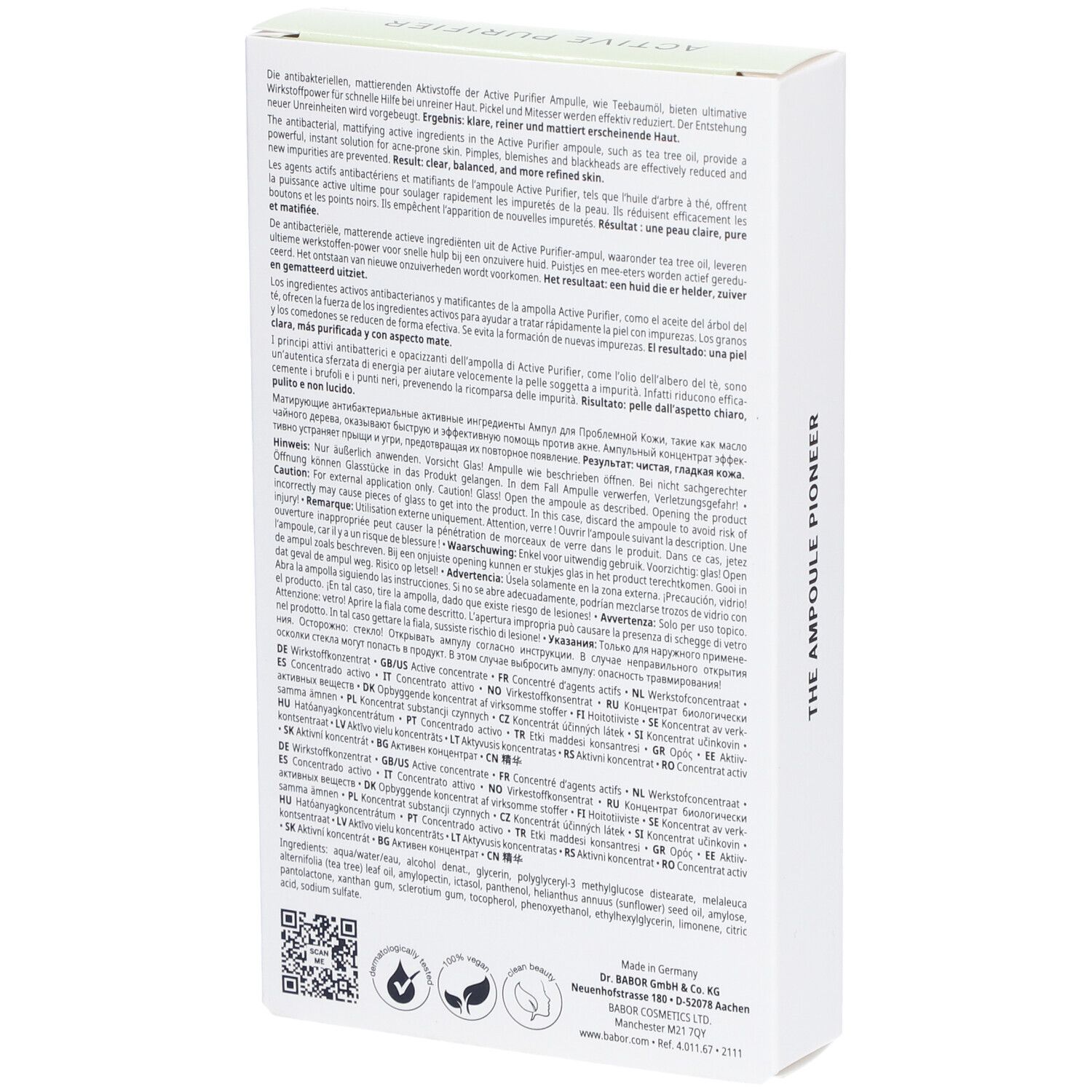 Retro della confezione con testo multilingue. Logo Babor e informazioni sul prodotto.