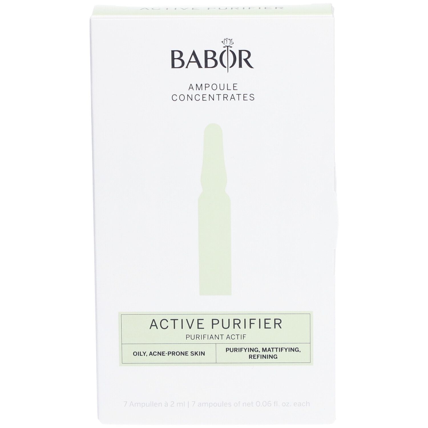 Confezione bianca con logo Babor e nome del prodotto Active Purifier. Contiene l'illustrazione di una fiala.