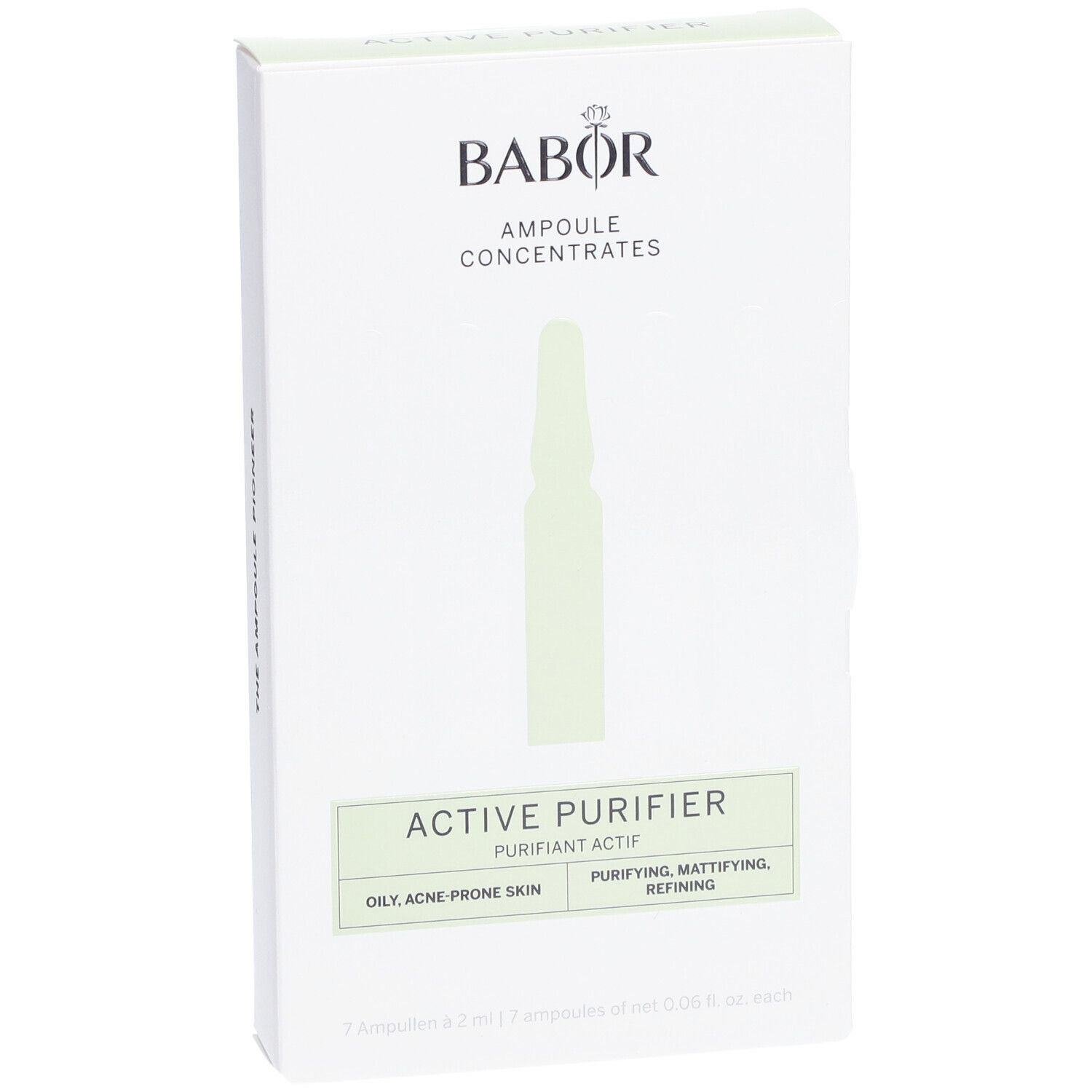 Confezione bianca con logo Babor e nome del prodotto Active Purifier. Contiene l'illustrazione di una fiala.