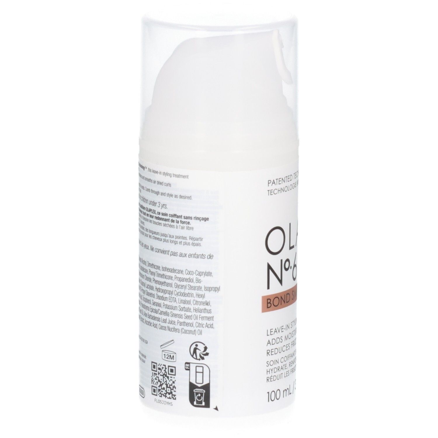 Retro del flacone Olaplex N. 6 Bond Smoother con ingredienti e istruzioni.