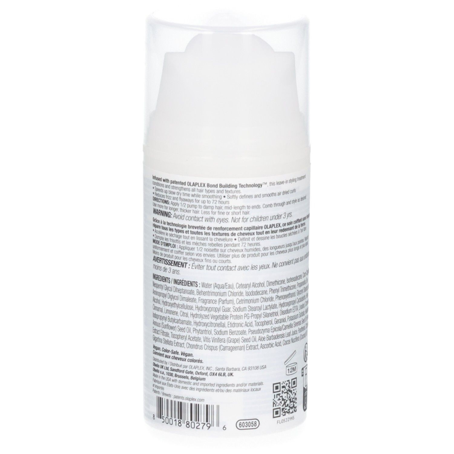 Retro del flacone Olaplex N. 6 Bond Smoother con codice a barre e informazioni sul prodotto.