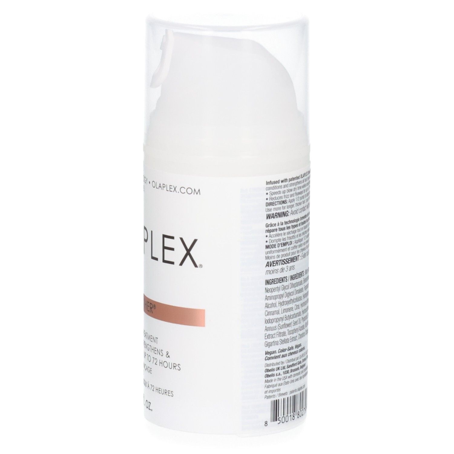 Vista laterale del flacone Olaplex N. 6 Bond Smoother con informazioni sul prodotto.