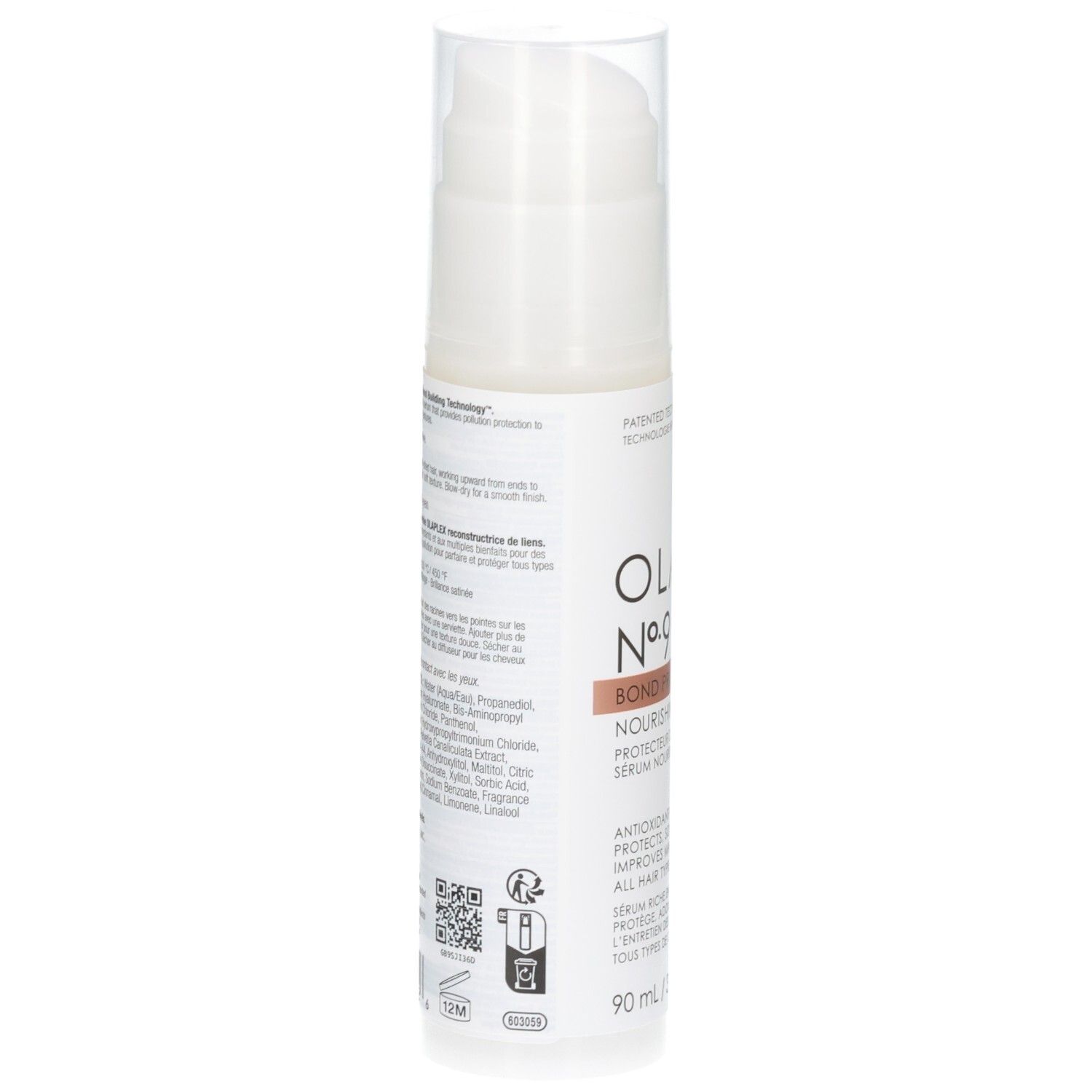 Retro del flacone Olaplex No. 9 con ingredienti e istruzioni, 90 ml.