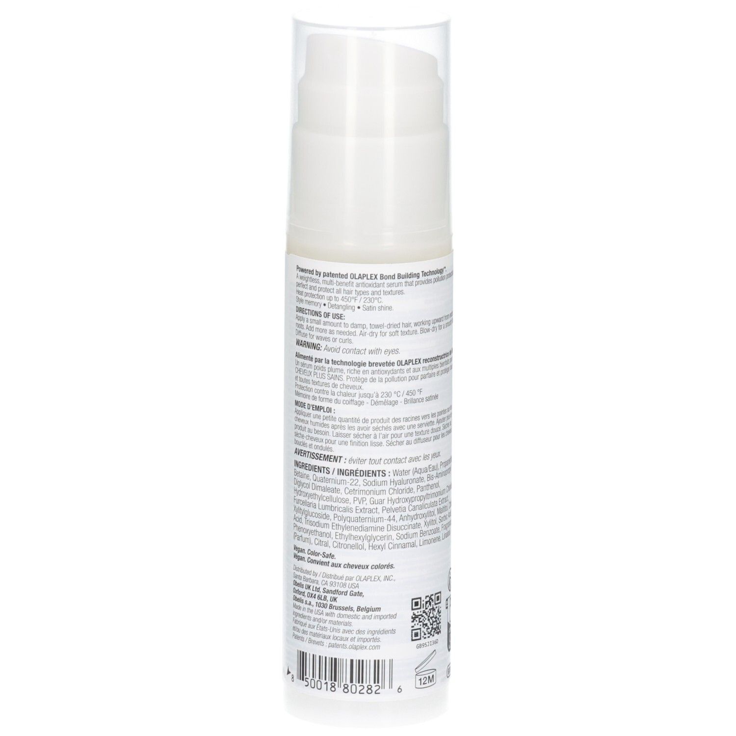 Retro del flacone Olaplex No. 9 con elenco dettagliato degli ingredienti e codice a barre, 90 ml.