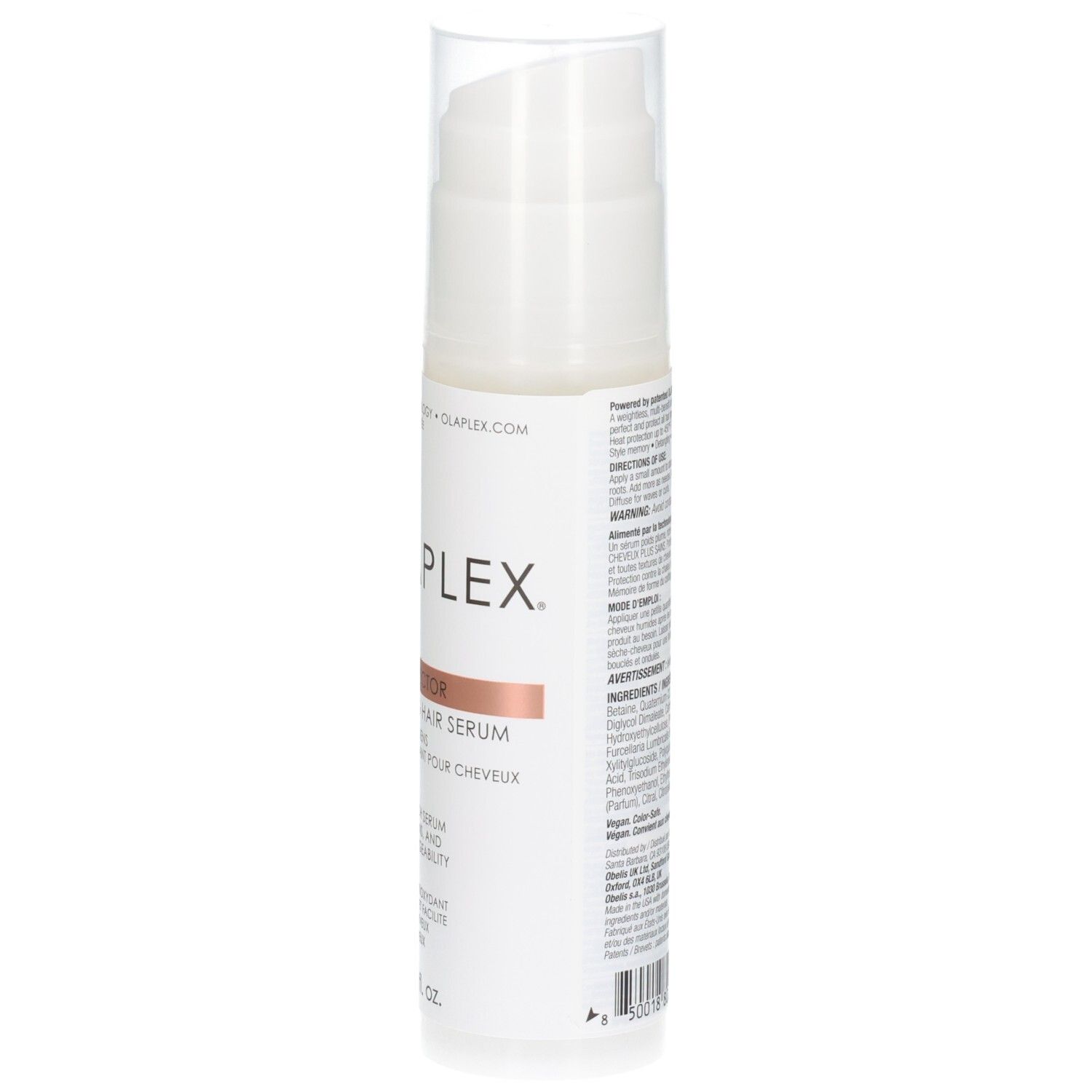 Vista laterale del flacone Olaplex No. 9 con testo ed erogatore, 90 ml.