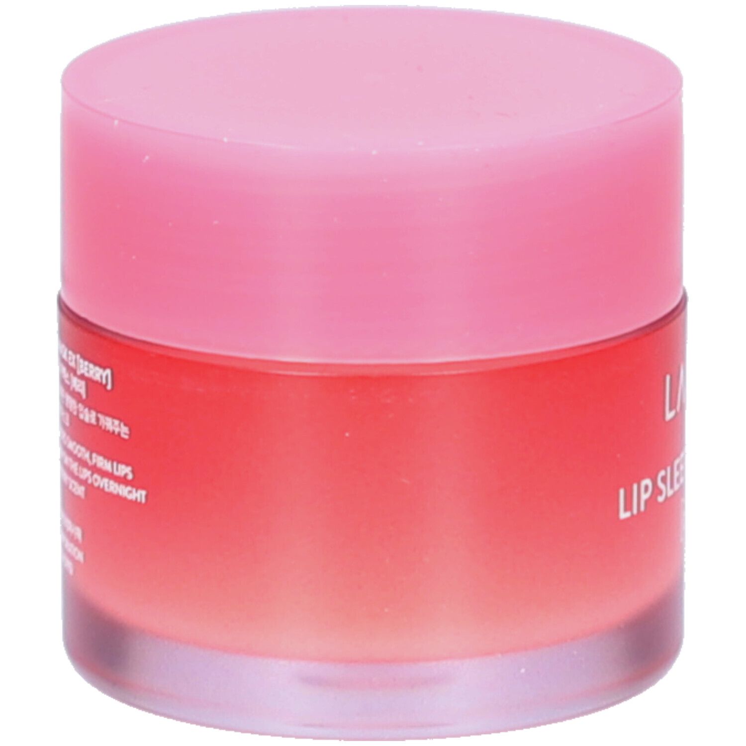 Vasetto rotondo con coperchio rosa. Scritta: LANEIGE, LIP SLEEPING MASK EX. Crema rossa visibile.