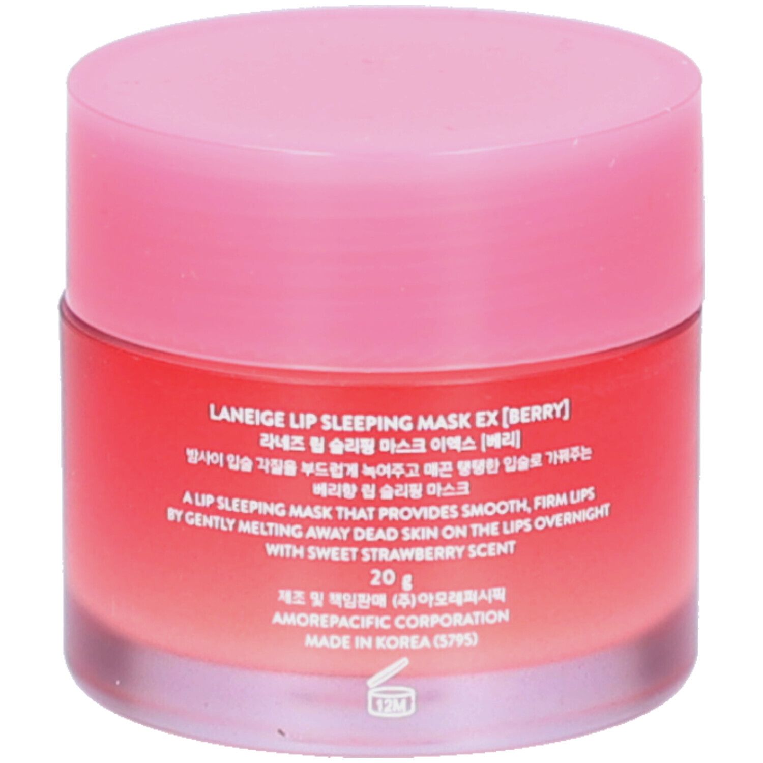 Vasetto rotondo con coperchio rosa. Scritta: LANEIGE, LIP SLEEPING MASK EX [BERRY], 20 g. Testo in coreano.