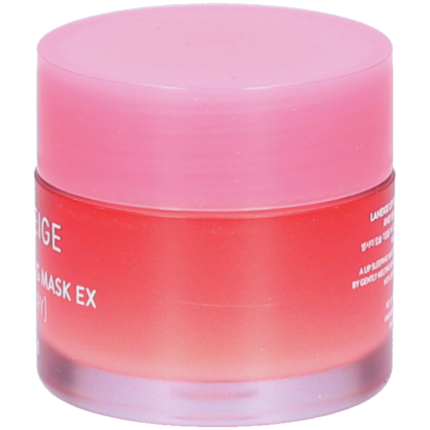 Vasetto rotondo con coperchio rosa. Scritta: LANEIGE, LIP SLEEPING MASK EX [BERRY]. Crema rossa visibile.