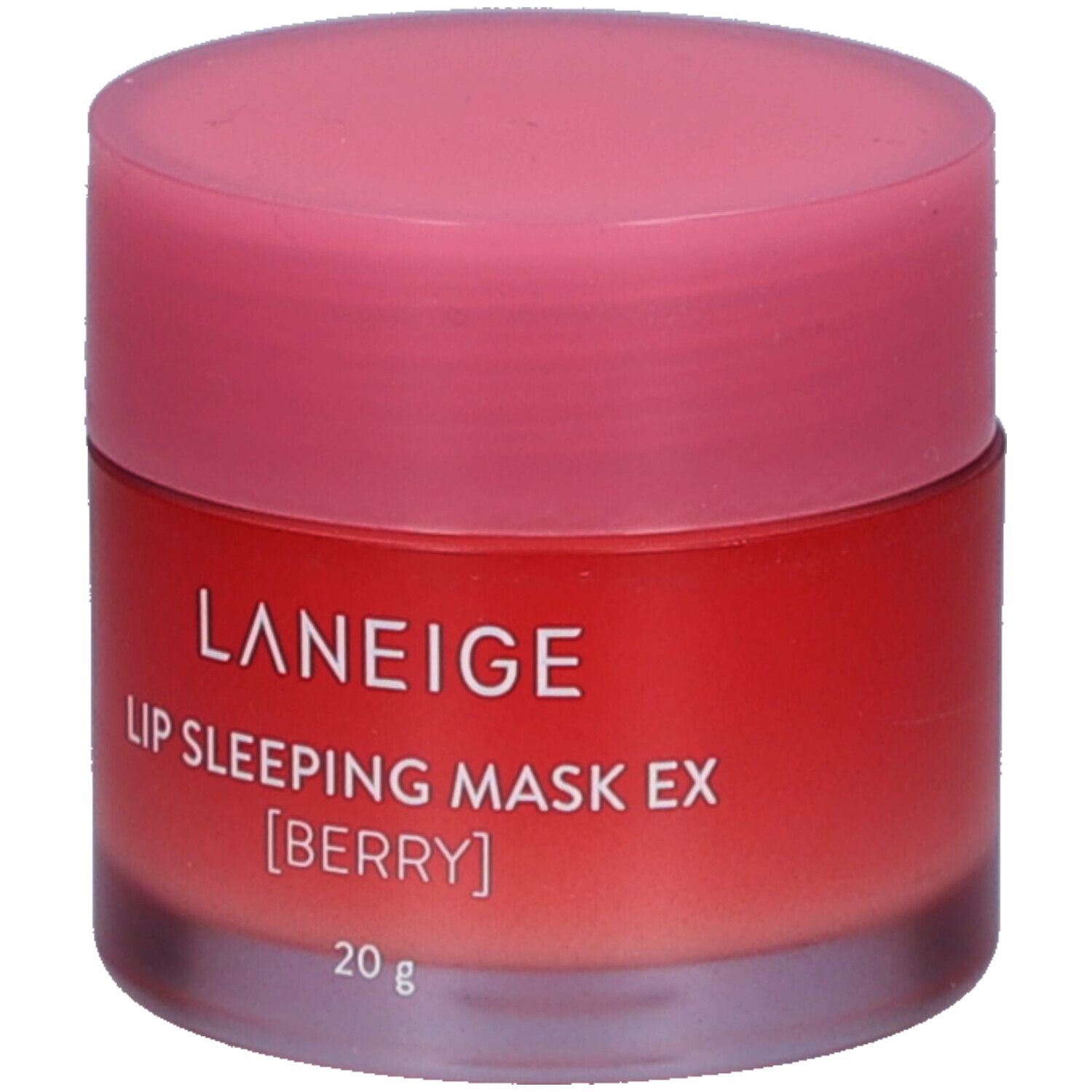 Vasetto rotondo con coperchio rosa. Scritta: LANEIGE, LIP SLEEPING MASK EX [BERRY], 20 g.