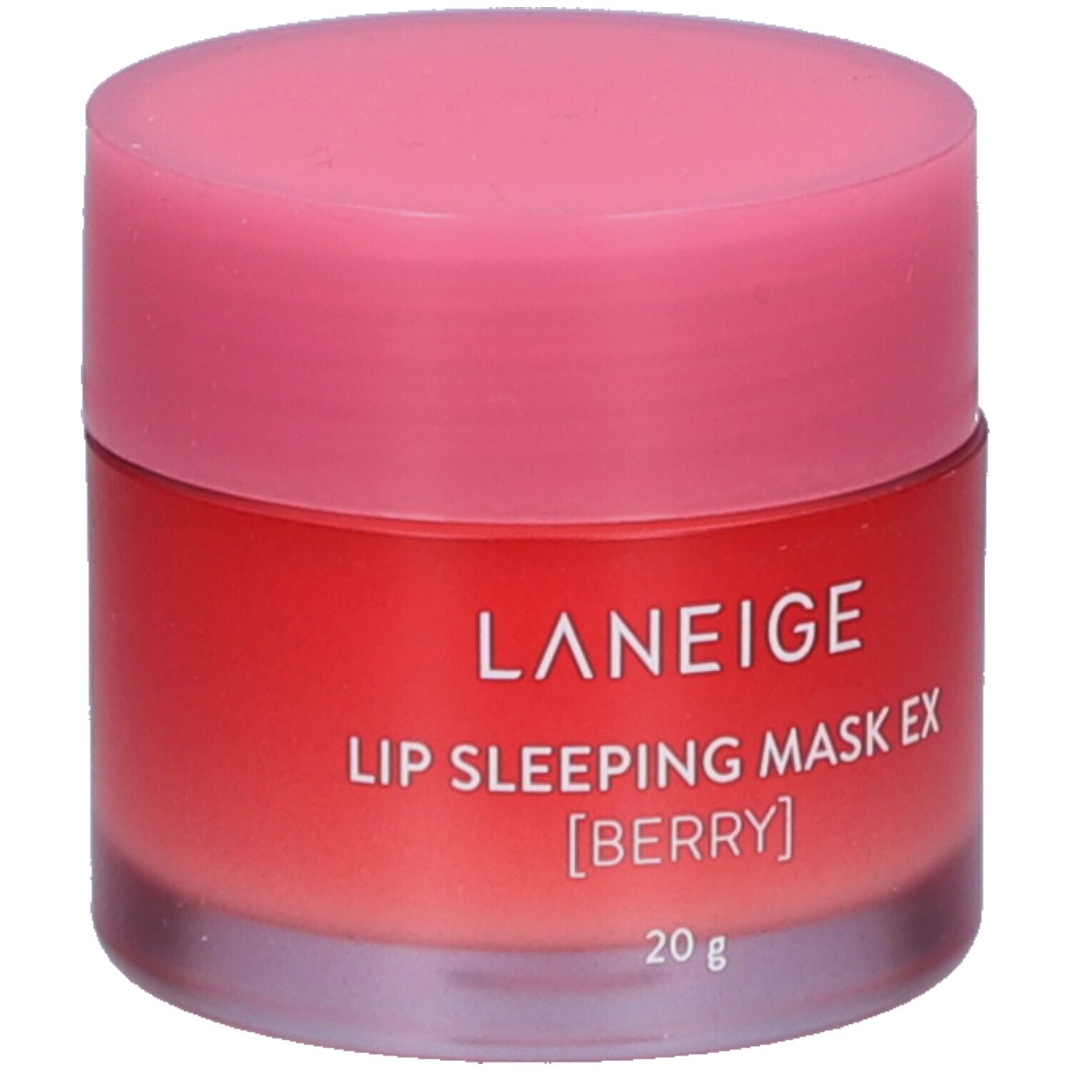 Vasetto rotondo con coperchio rosa. Scritta: LANEIGE, LIP SLEEPING MASK EX [BERRY], 20 g.