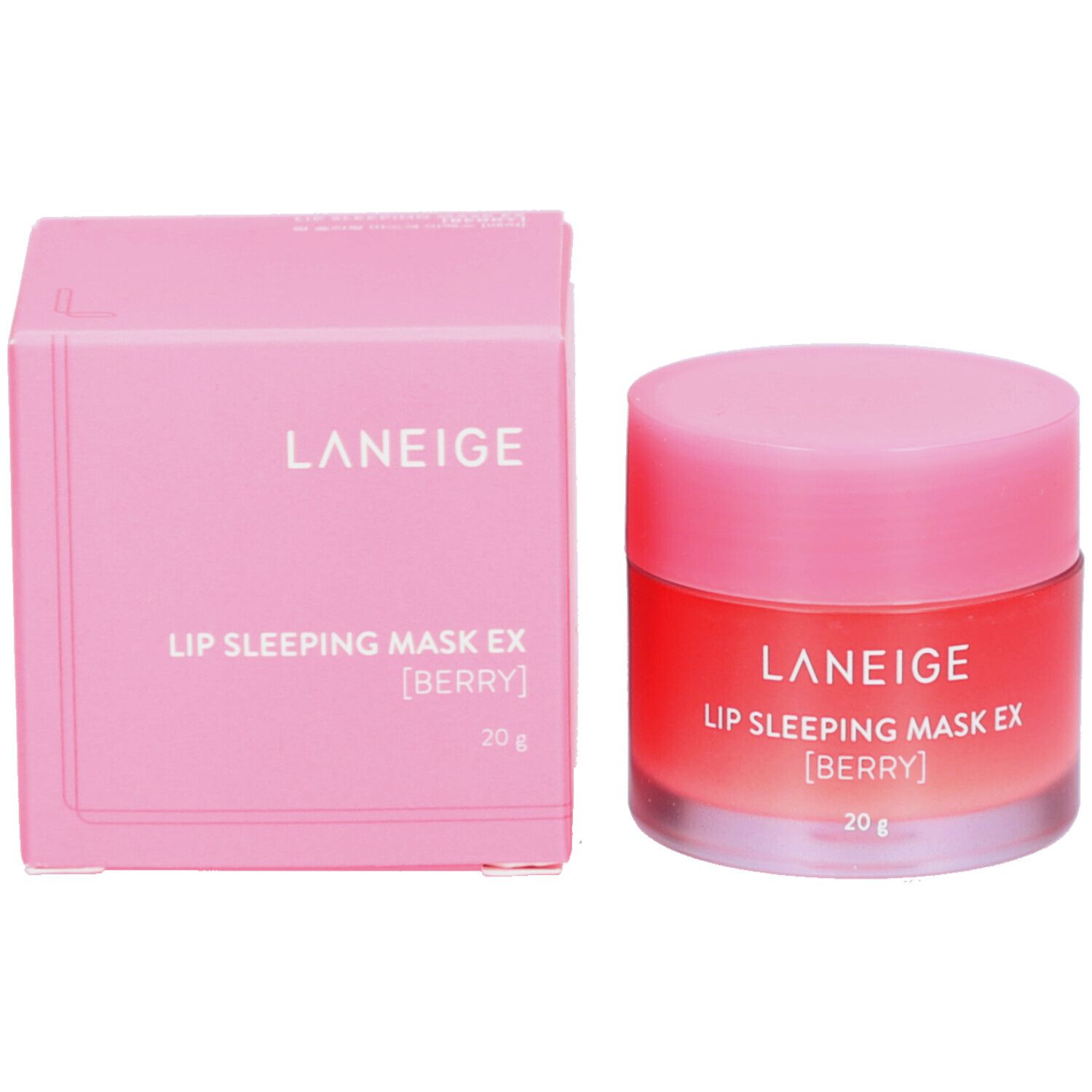 Scatola rosa e vasetto. Scritta: LANEIGE, LIP SLEEPING MASK EX [BERRY], 20 g.