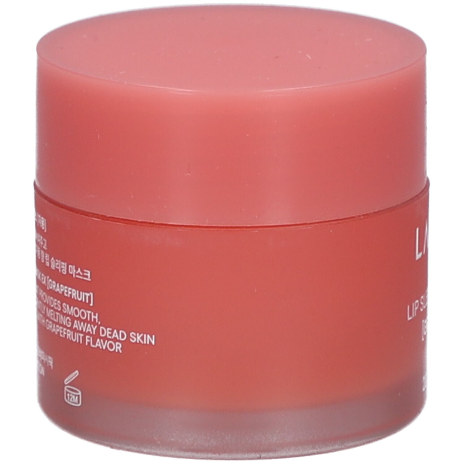 Vasetto rotondo con coperchio rosa. Scritta: LANEIGE, LIP SLEEPING MASK EX [GRAPEFRUIT]. Informazioni laterali.