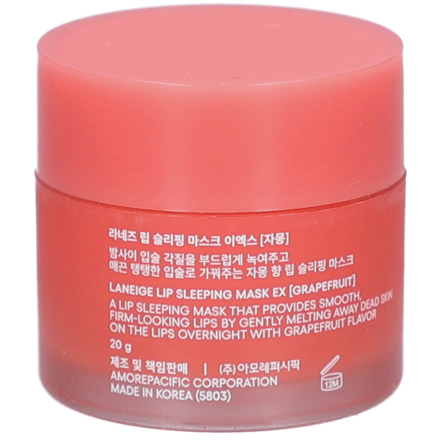 Vasetto rosa con coperchio. Scritta: LANEIGE Lip Sleeping Mask EX [Grapefruit]. Testo multilingue.
