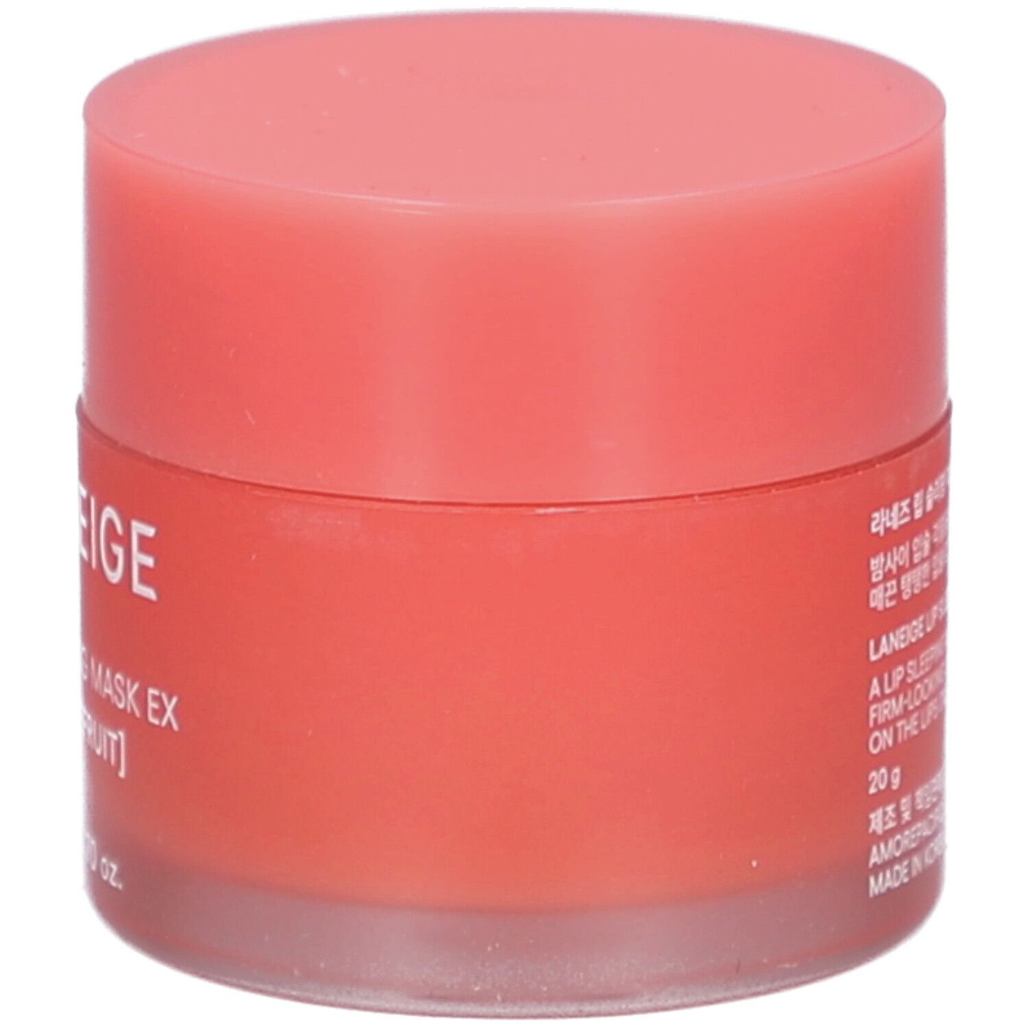 Vasetto rotondo con coperchio rosa. Scritta: LANEIGE, LIP SLEEPING MASK EX [GRAPEFRUIT]. Informazioni laterali.