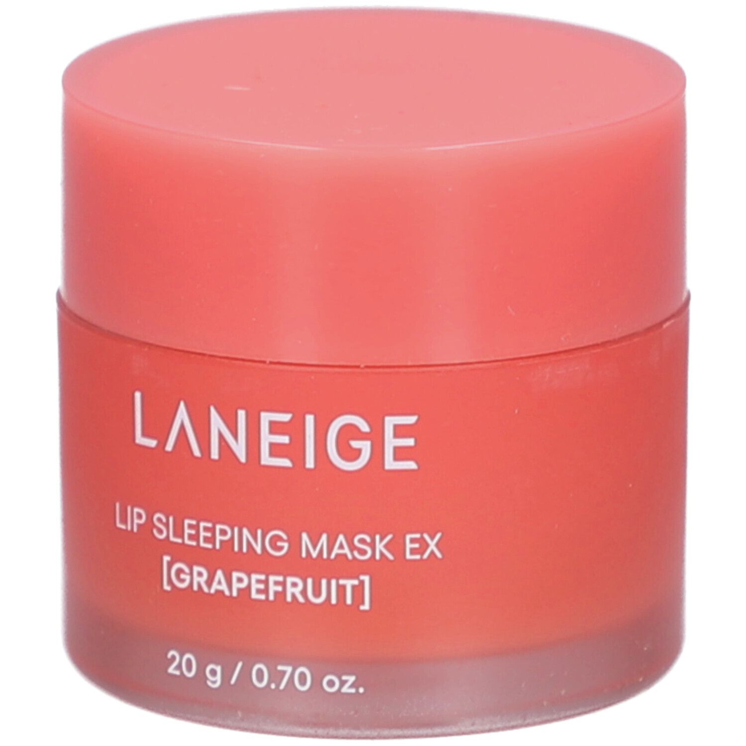 Vasetto rosa con coperchio. Scritta: LANEIGE, Lip Sleeping Mask EX [Grapefruit], 20 g / 0.70 oz.