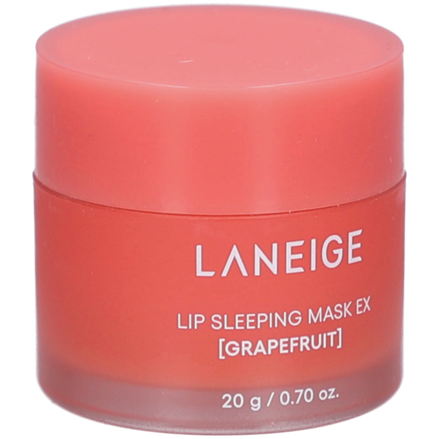 Vasetto rotondo con coperchio rosa. Scritta: LANEIGE, LIP SLEEPING MASK EX [GRAPEFRUIT], 20 g / 0.70 oz.
