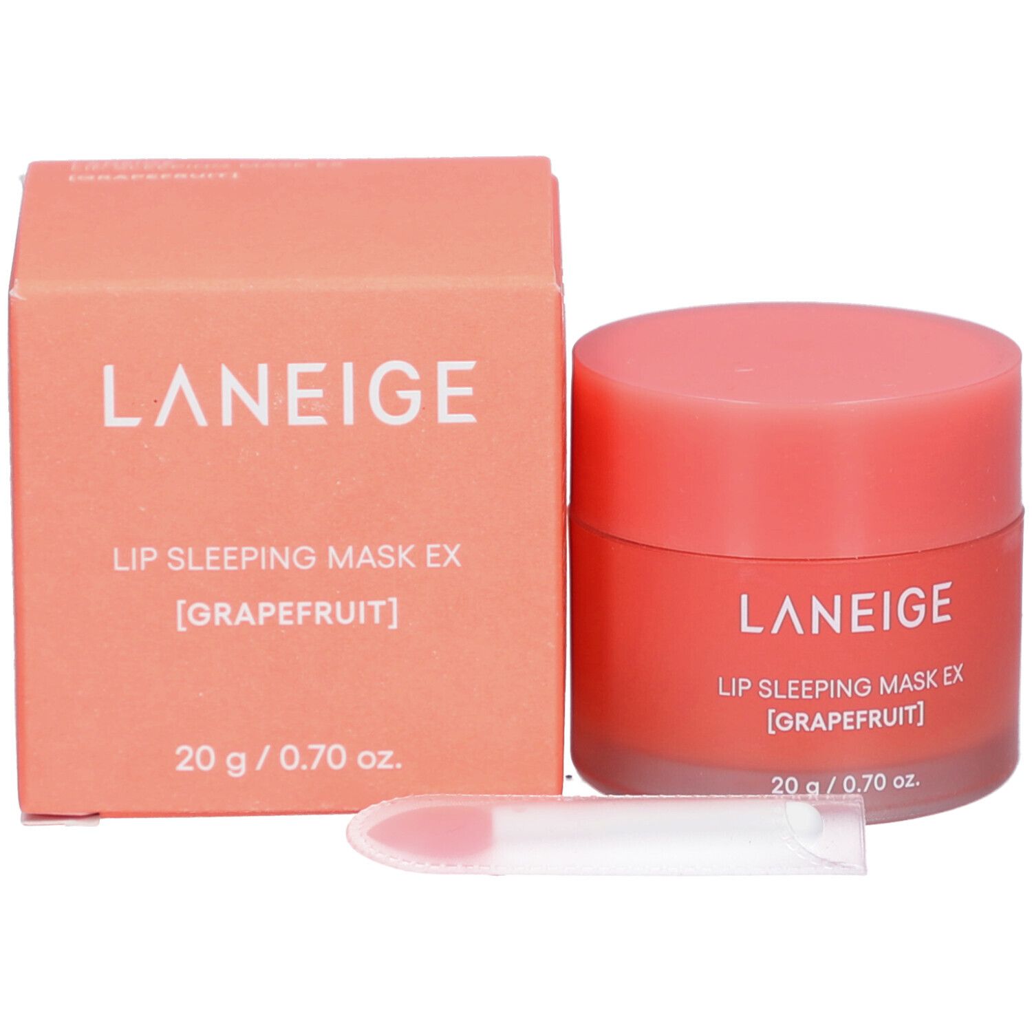 Confezione prodotto con vasetto, scatola e spatola. Scritta: LANEIGE, LIP SLEEPING MASK EX [GRAPEFRUIT], 20 g / 0.70 oz.