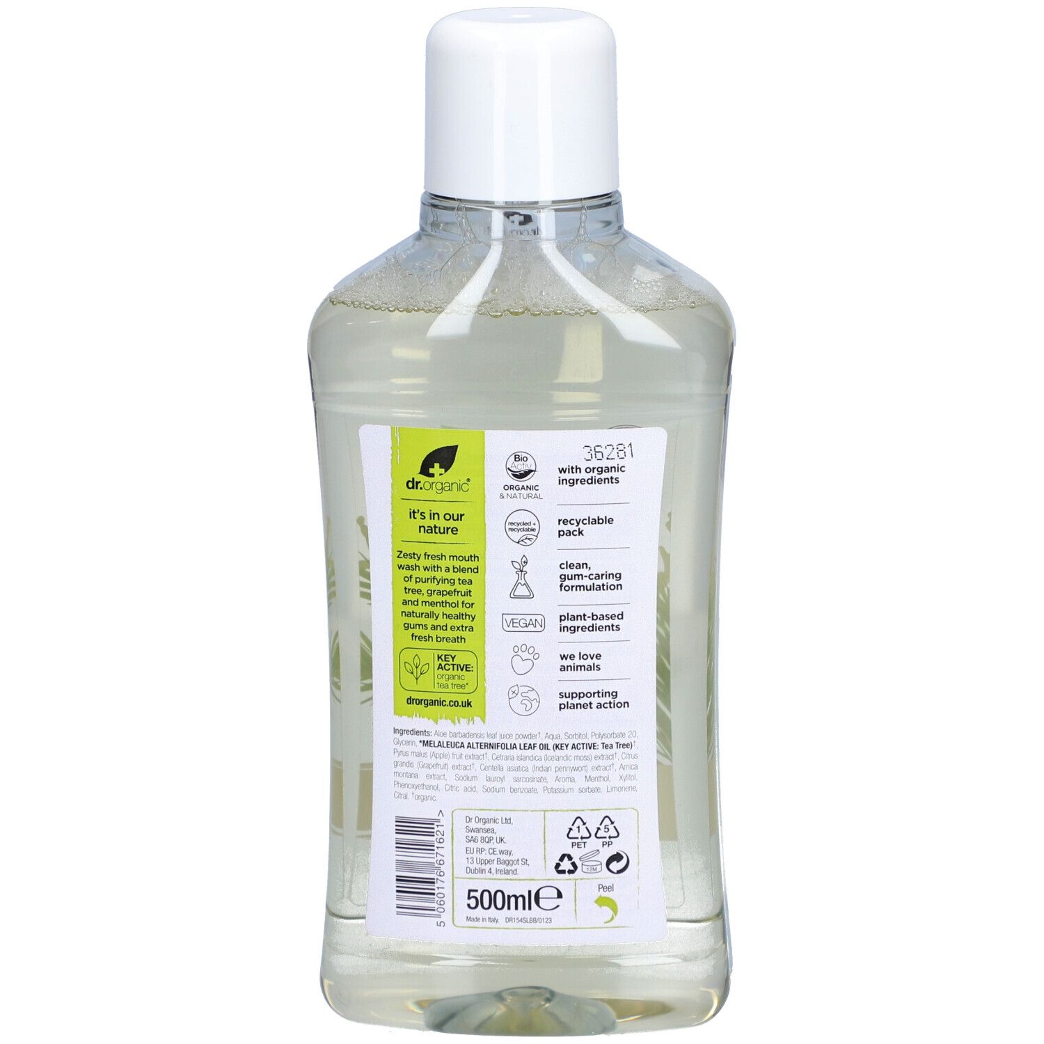 Retro del flacone. Etichetta con informazioni sul prodotto, ingredienti e loghi. 500 ml.