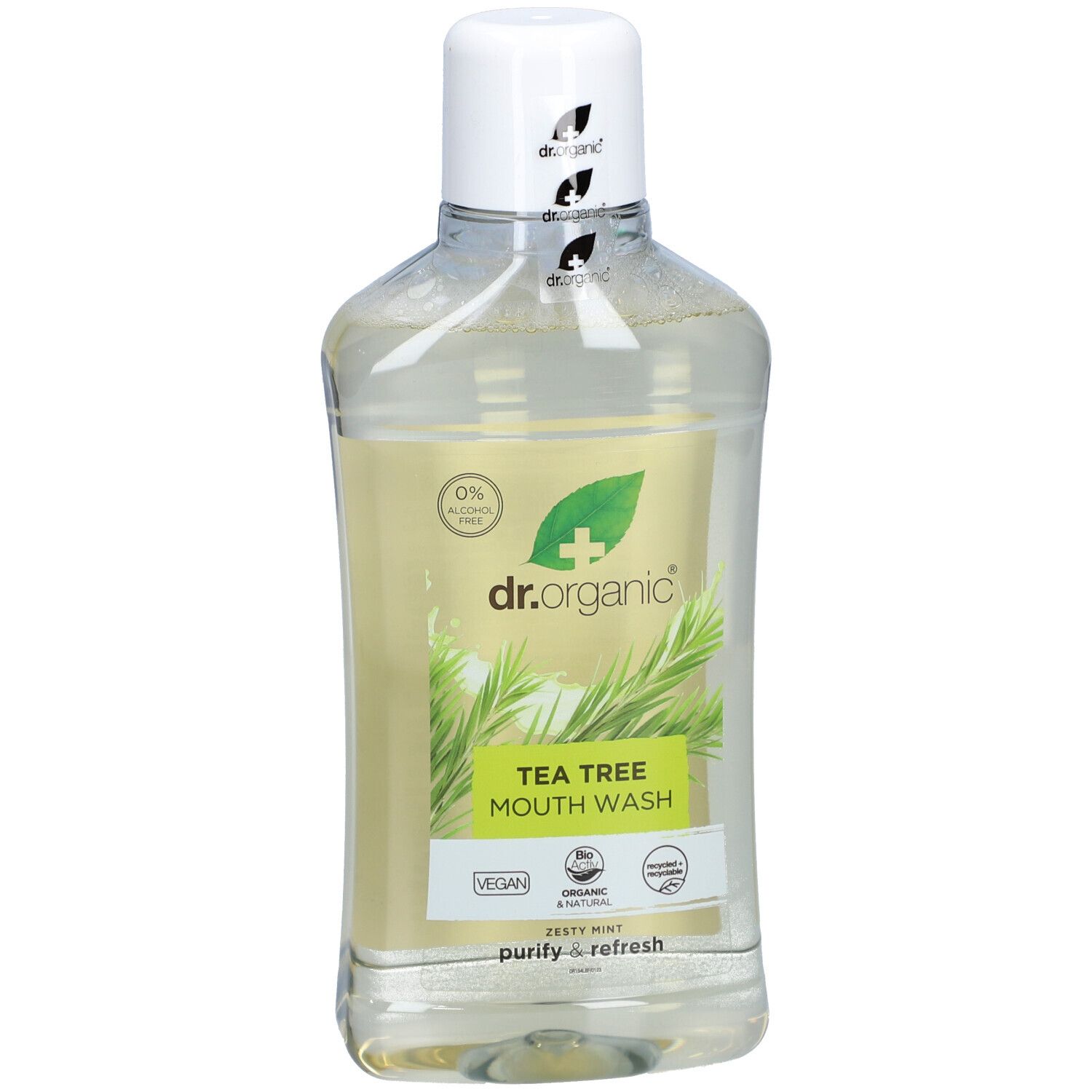 Flacone trasparente con tappo bianco. Etichetta con logo, nome del prodotto e foglie verdi. 0% alcol.