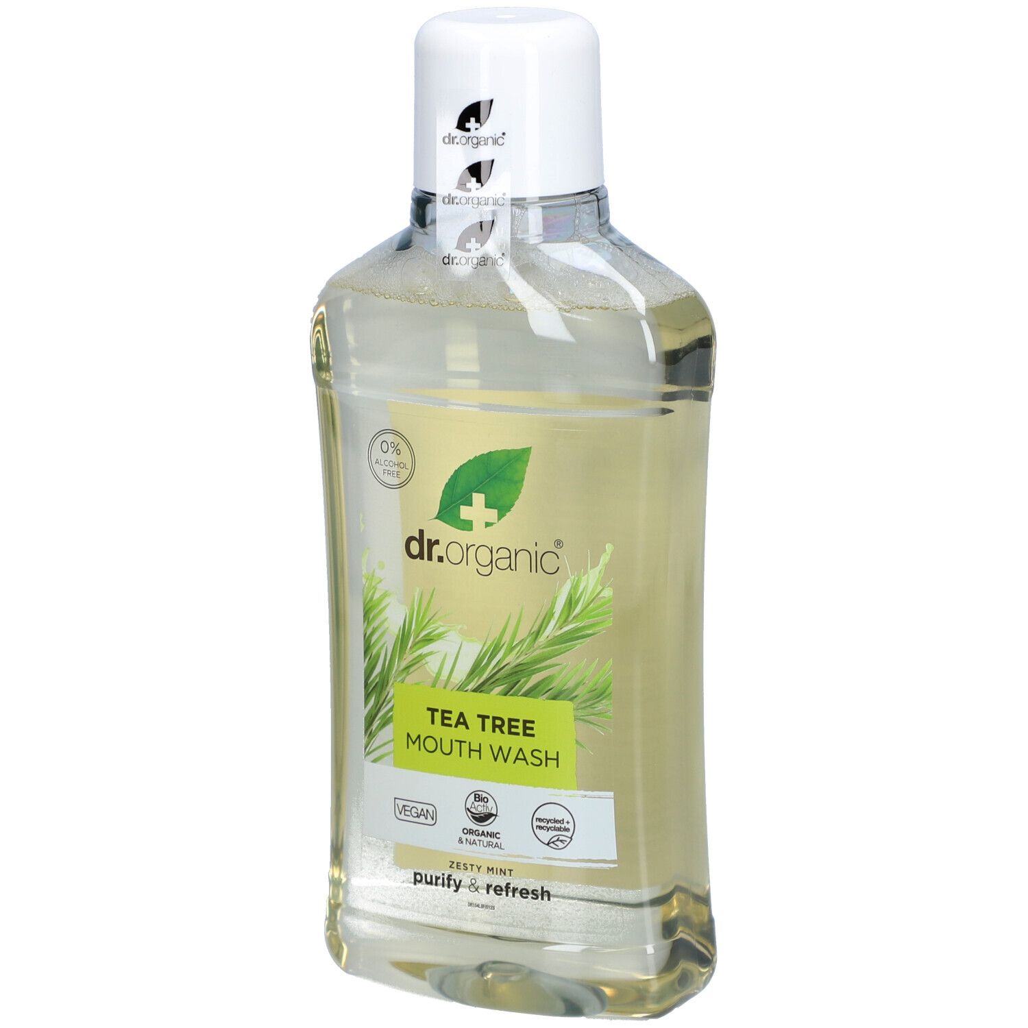 Flacone trasparente con tappo bianco. Etichetta con logo, nome del prodotto e foglie verdi. 0% alcol.