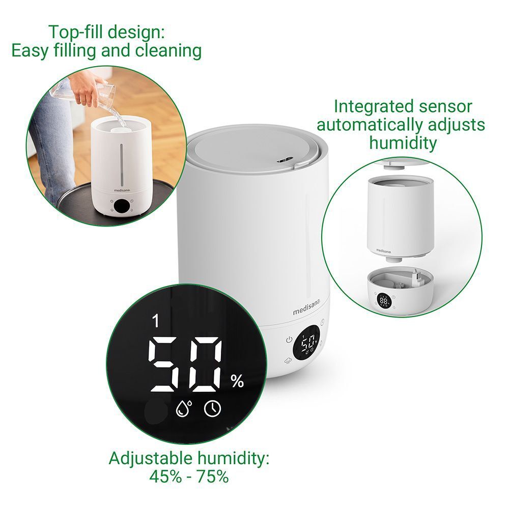 Umidificatore bianco con display digitale. Funzioni: design a riempimento dall'alto, sensore integrato, umidità regolabile.