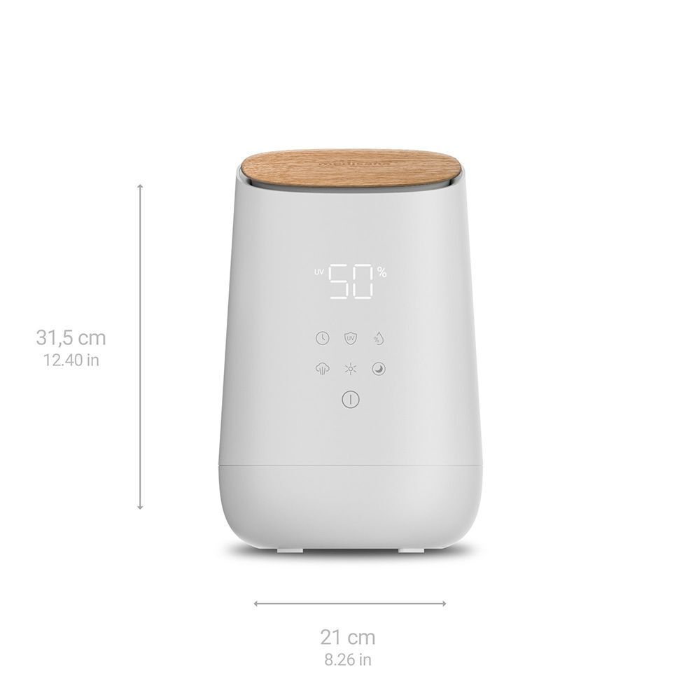 Umidificatore bianco con coperchio in legno. Dimensioni: 31,5 cm di altezza, 21 cm di larghezza. Display digitale.