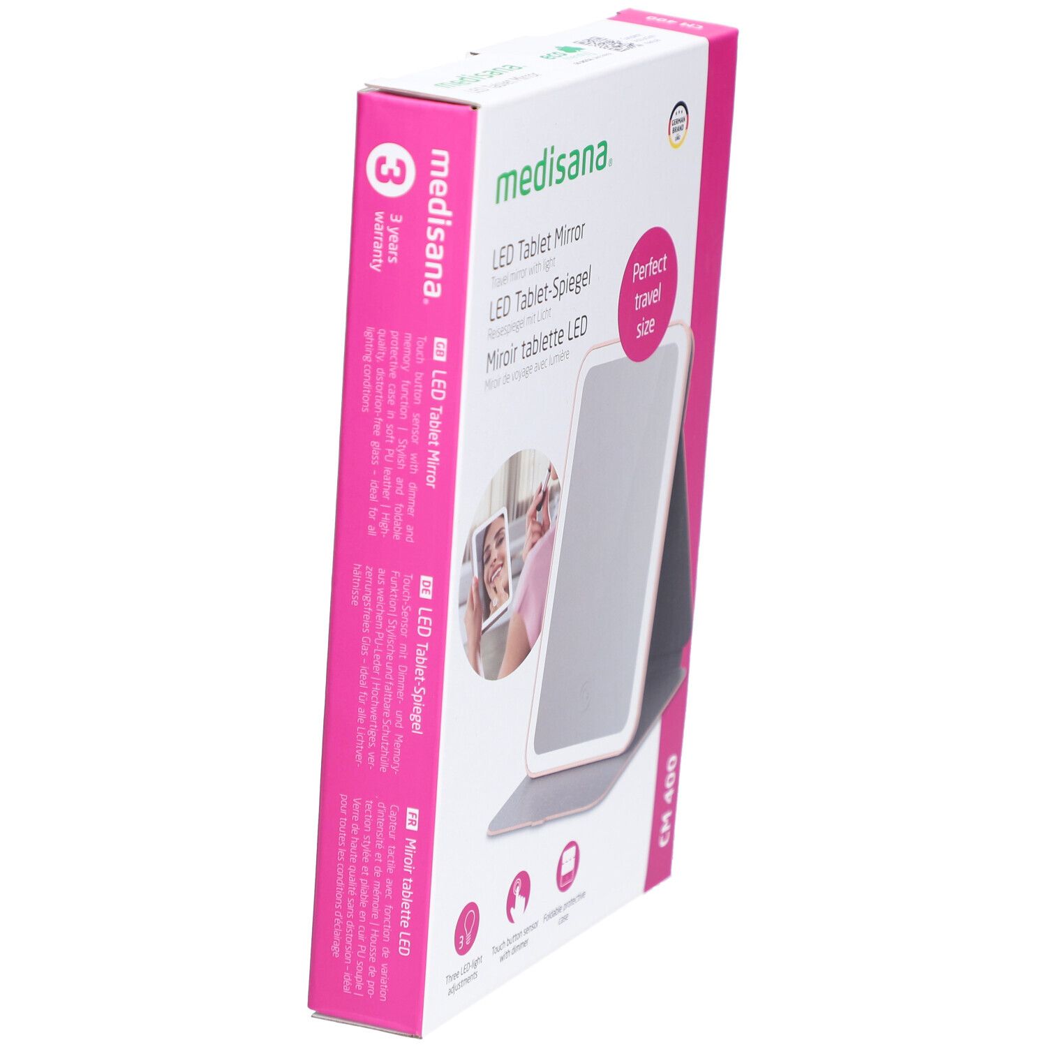 Confezione di LED Tablet Mirror. Marchio: medisana. Scatola rosa e bianca con immagine e testo. 3 anni di garanzia.