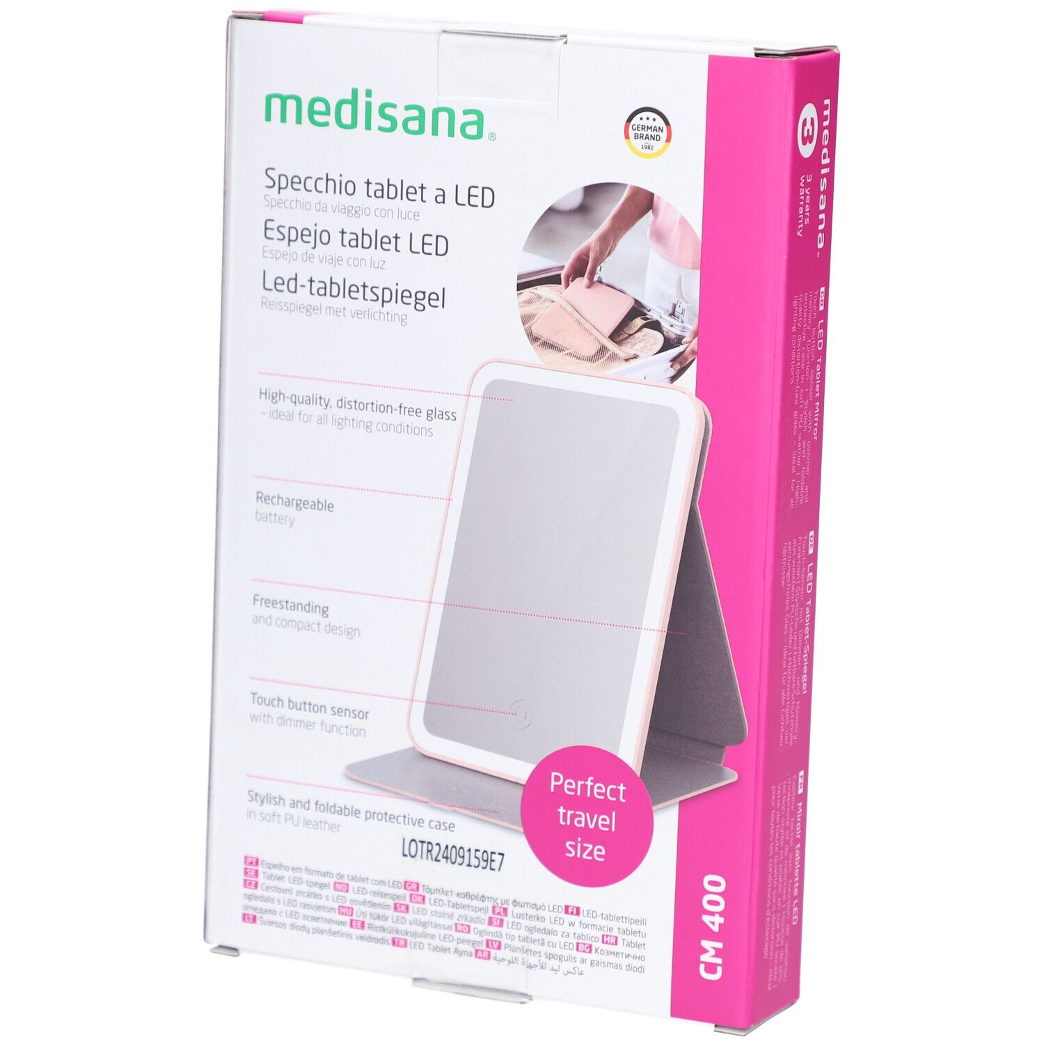 Confezione di LED Tablet Mirror. Marchio: medisana. Scatola rosa e bianca con immagine e testo. Perfect travel size.
