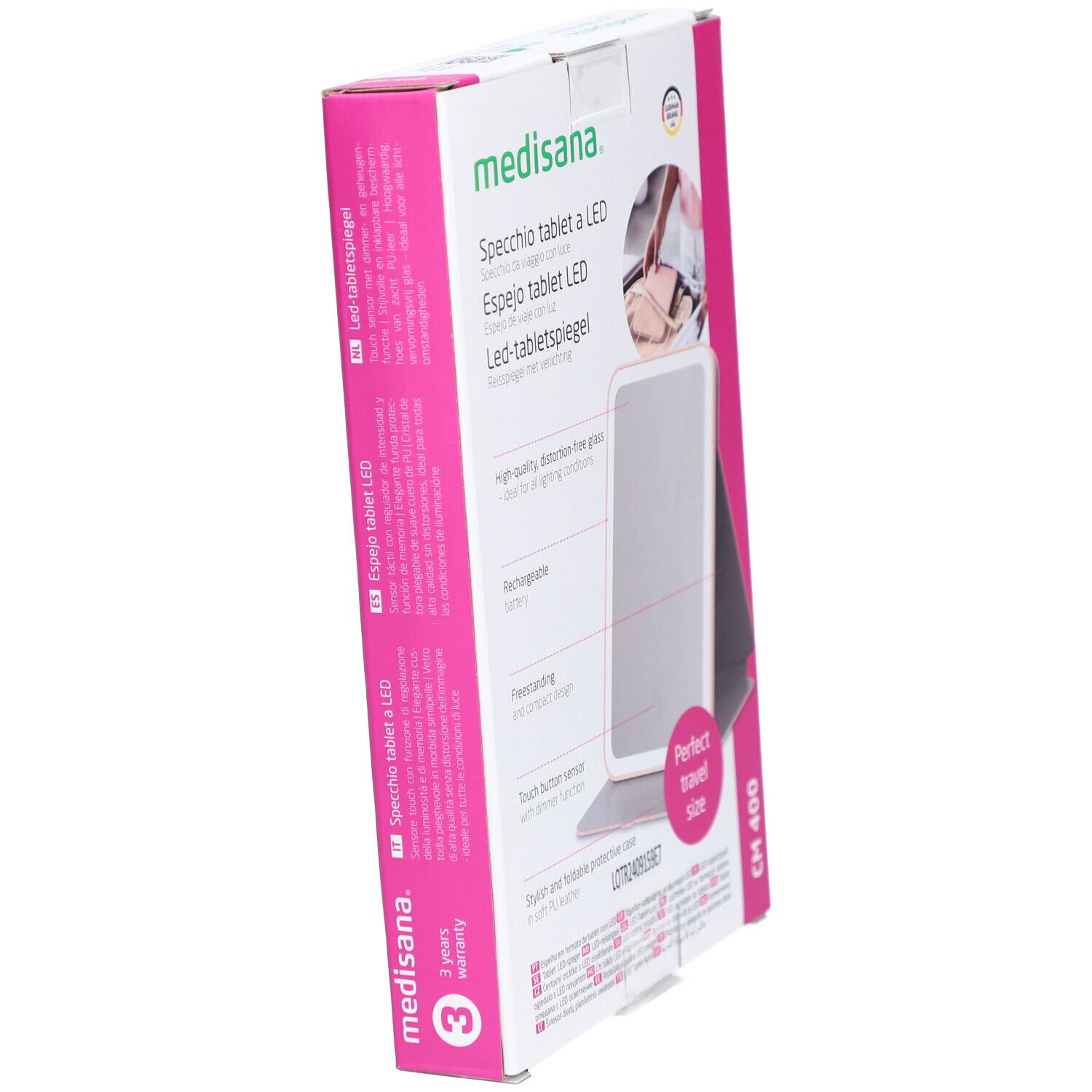 Confezione di LED Tablet Mirror. Marchio: medisana. Scatola rosa e bianca con immagine e testo. Perfect travel size.