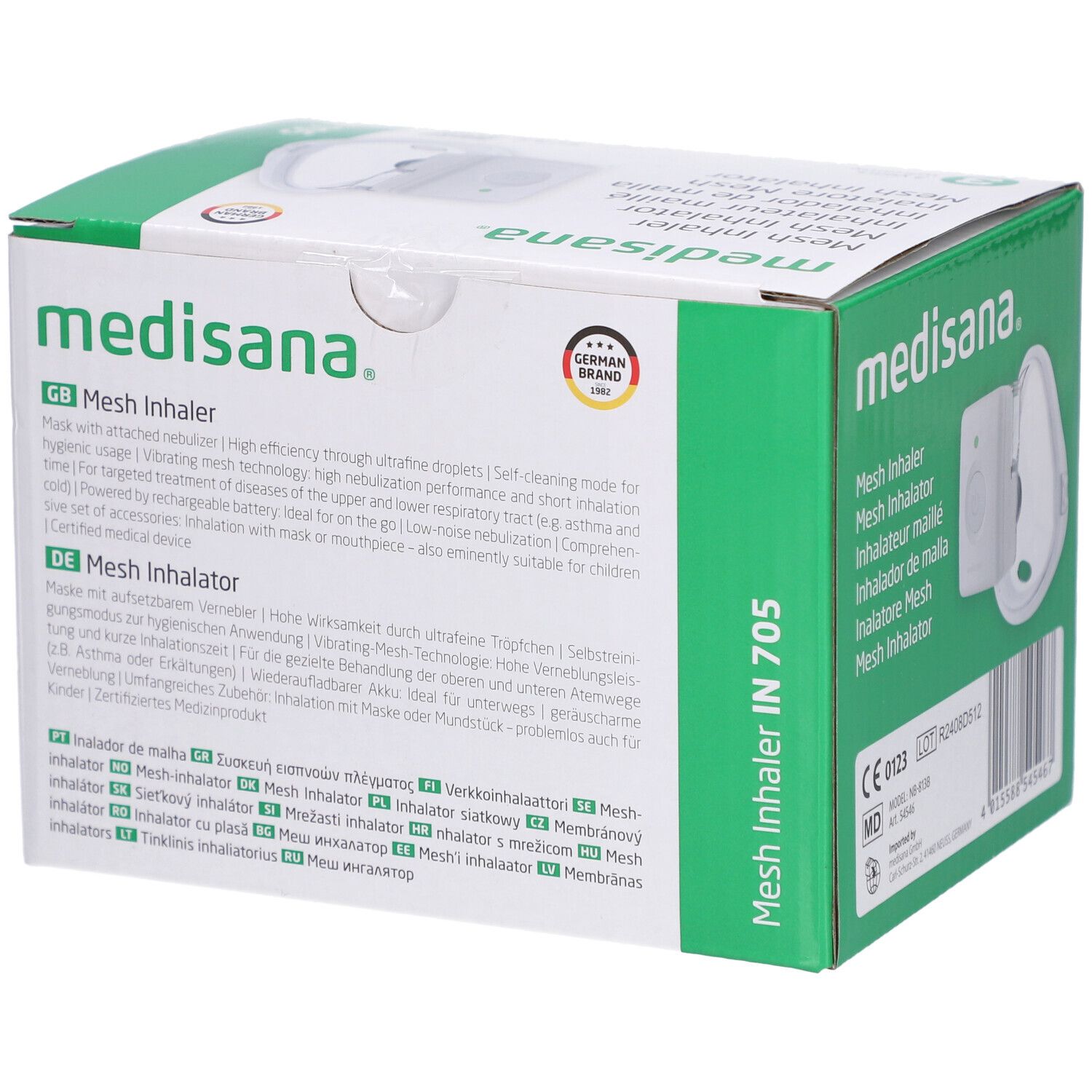 Inalatore Mesh Medisana IN 705, bianco, con maschera e alimentatore, per inalazione a mani libere.