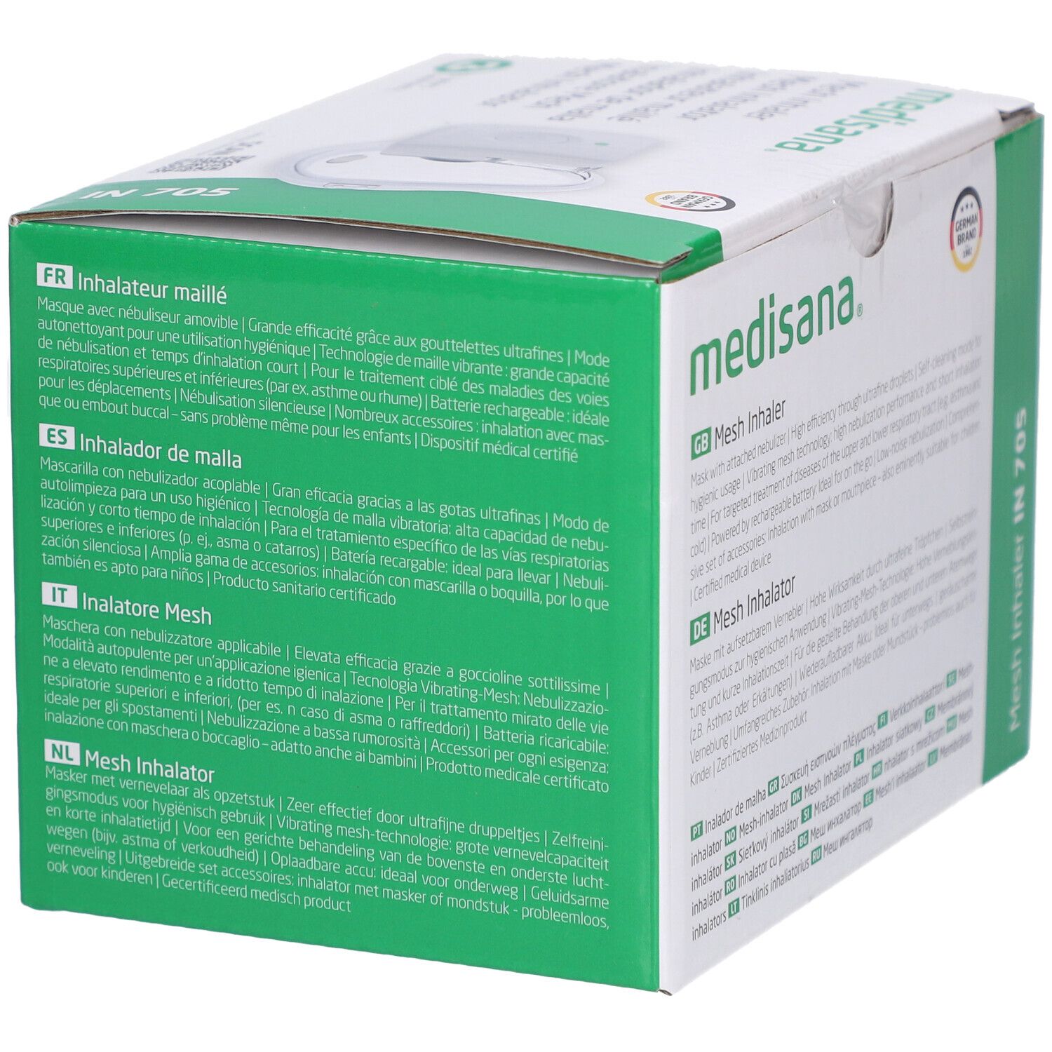 Inalatore Mesh Medisana IN 705, bianco, con maschera e alimentatore, per inalazione a mani libere.