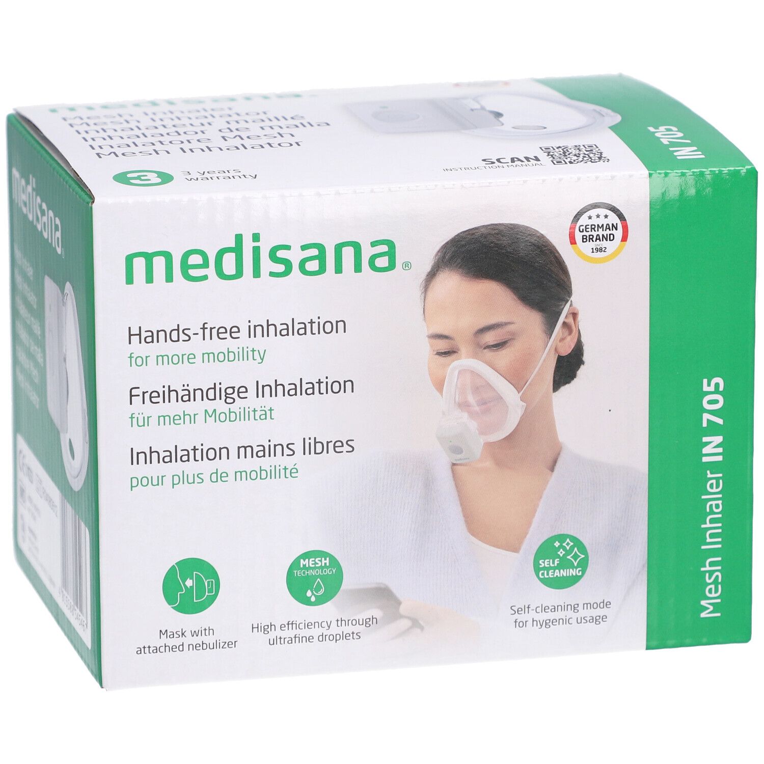 Inalatore Medisana IN 705 con maschera e nebulizzatore per inalazione a mani libere.