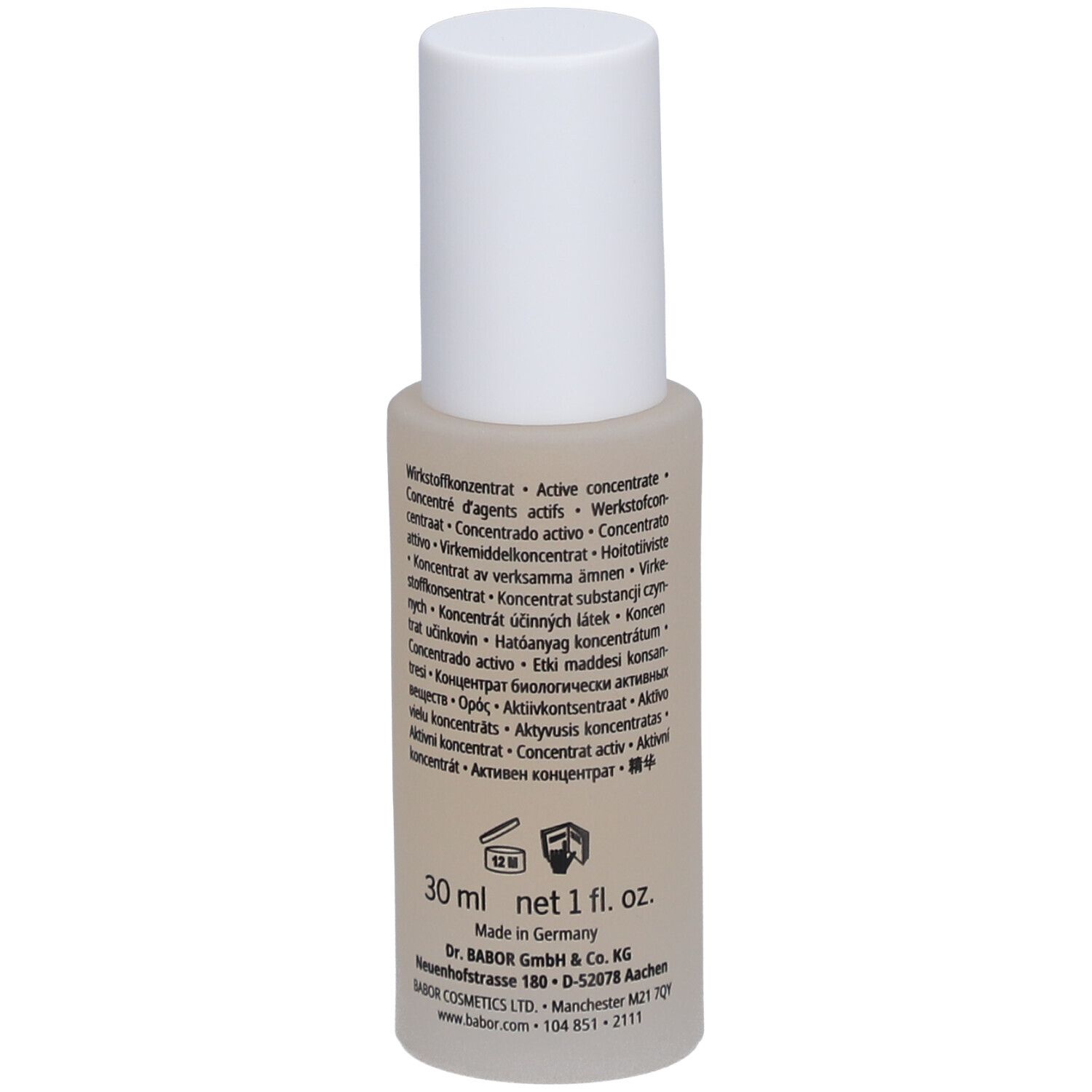 Siero rivitalizzante Babor Skinovage. Flacone con tappo bianco. Retro con testo e 30 ml.